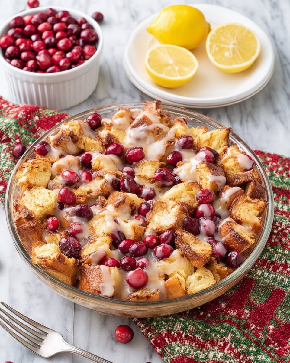 The image shows a round glass dish filled with a layered bread pudding with cinnamon swirls. The top layer consists of golden brown chunks of soft bread, some slightly toasted, scattered with whole bright red cranberries. A light glaze of icing drips down over the bread pieces, creating a shiny texture. Next to the dish are two quartered lemon pieces with a bright yellow color and a white bowl filled with more fresh cranberries. A white plate sits nearby with a silver fork resting on it, all placed on a white marbled surface with a festive red, green, and white cloth partially visible in the background. Photo taken with an iphone --ar 4:5 --v 7