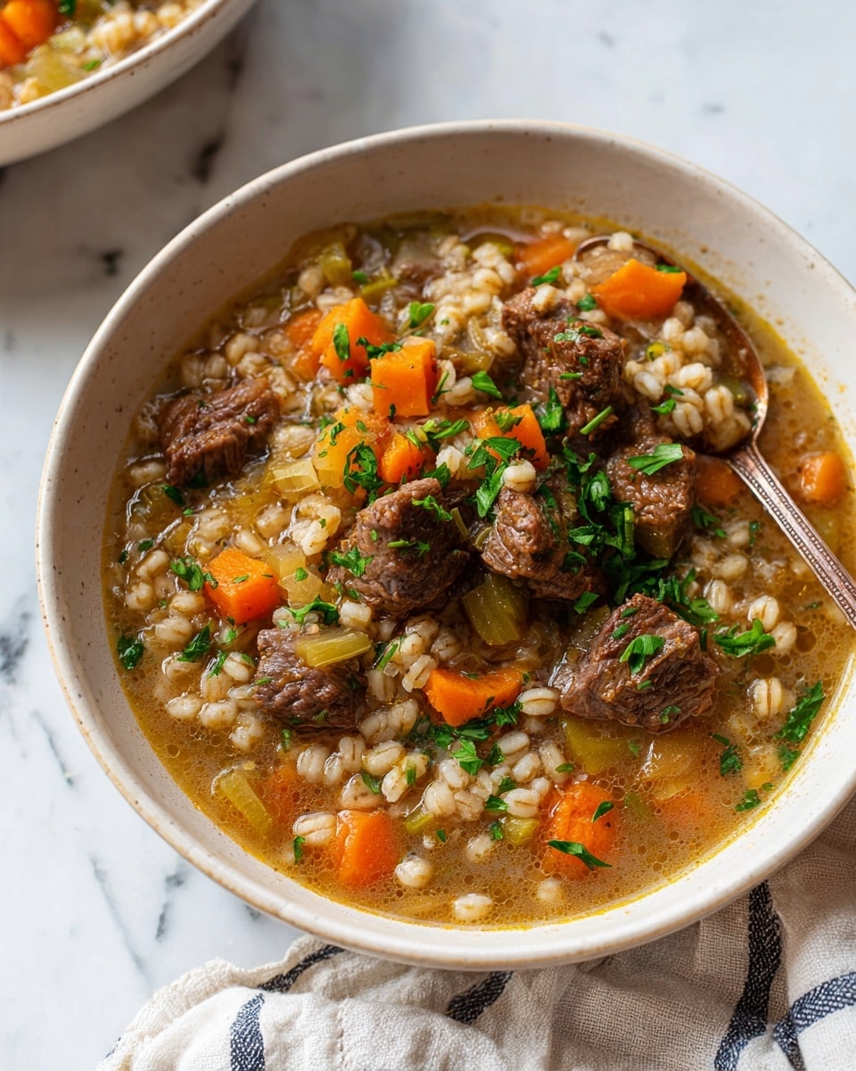 A white pot filled with a stew that has three visible layers: a base layer of light brown broth with a bit of shimmer, a middle layer made of small diced orange carrots and translucent small chopped onions, and a top layer containing tender-looking dark brown meat chunks and some plump barley grains. A wooden spoon is partially dipped into the stew on the right side, showing a warm, natural wood texture. The pot rests on a white marbled surface with a blue and white striped cloth nearby. photo taken with an iphone --ar 4:5 --v 7