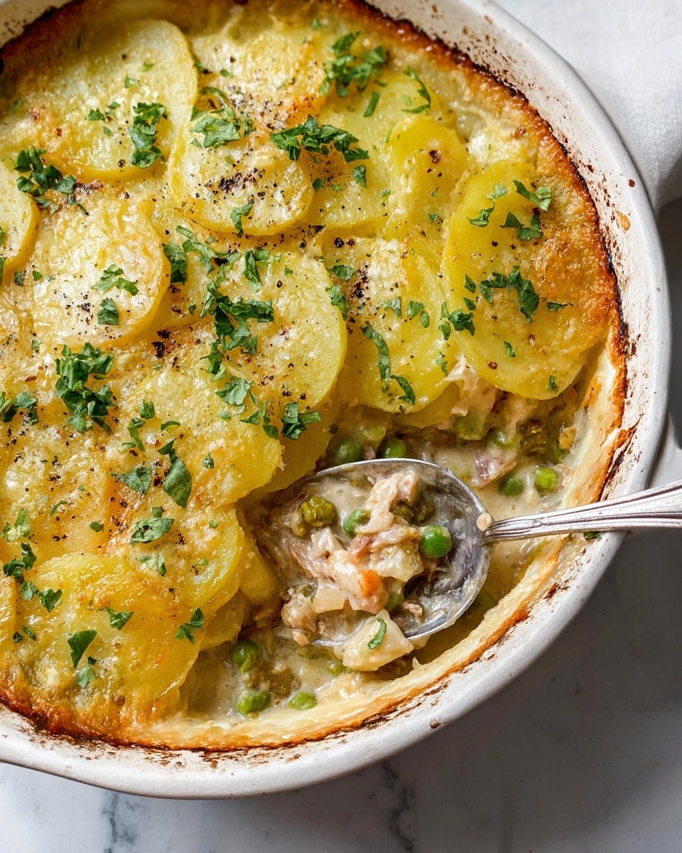 The dish is a layered casserole presented in a round white pot with handles, resting on a white marbled surface. The top layer is golden brown with slices of cooked potato, evenly spread and slightly overlapping, showing a soft texture with melted cheese and sprinkled fresh green herbs all over. Beneath the top, there is a rich-looking sauce mixed with small bits of vegetables and possibly meat, seen along the edges beneath the potato layer. The casserole's surface has a few cracks and browned spots, giving a fresh-from-the-oven look. A green cloth and some fresh parsley are placed next to the dish on the white marbled surface, enhancing the home-cooked, cozy feel. Photo taken with an iphone --ar 4:5 --v 7