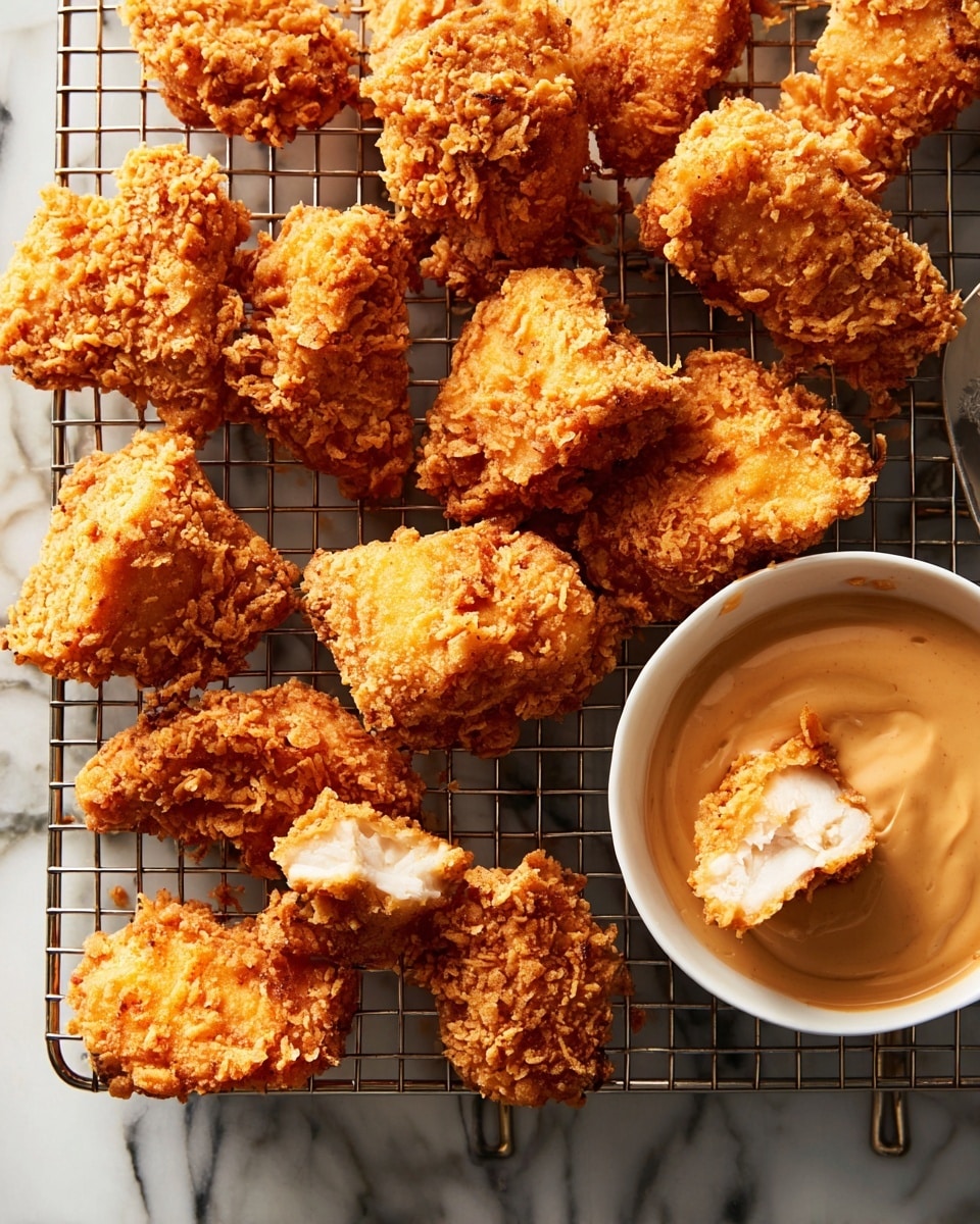 The image shows a metal wire rack holding about fifteen crispy golden brown fried pieces of chicken of different shapes and sizes, creating a rough textured layer covering most of the rack. On the right side, a small white bowl filled with smooth light brown dipping sauce sits next to the chicken. One piece of chicken is broken, showing the white cooked meat inside. The surface under the wire rack has a white marbled texture. photo taken with an iphone --ar 4:5 --v 7