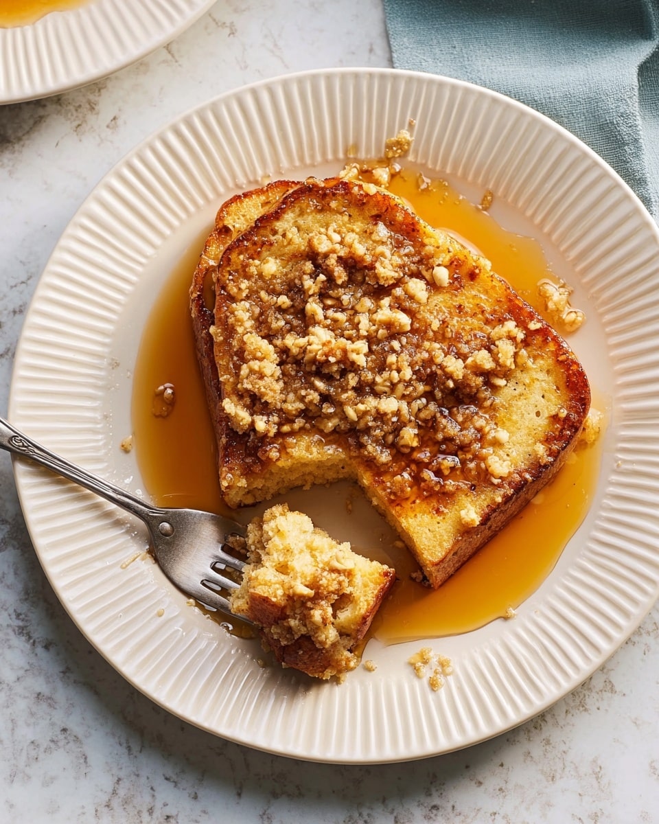 Two thick slices of golden-brown baked French toast sit on a white plate with soft ridges. The toast is topped with a crumbly, light beige streusel made of oats and small nut pieces, creating a textured layer. A pool of shiny, amber syrup surrounds the toast, slightly soaking the edges. A silver fork holds a small piece of the toast near the bottom left side of the plate. The background is a white marbled texture. Photo taken with an iphone --ar 4:5 --v 7