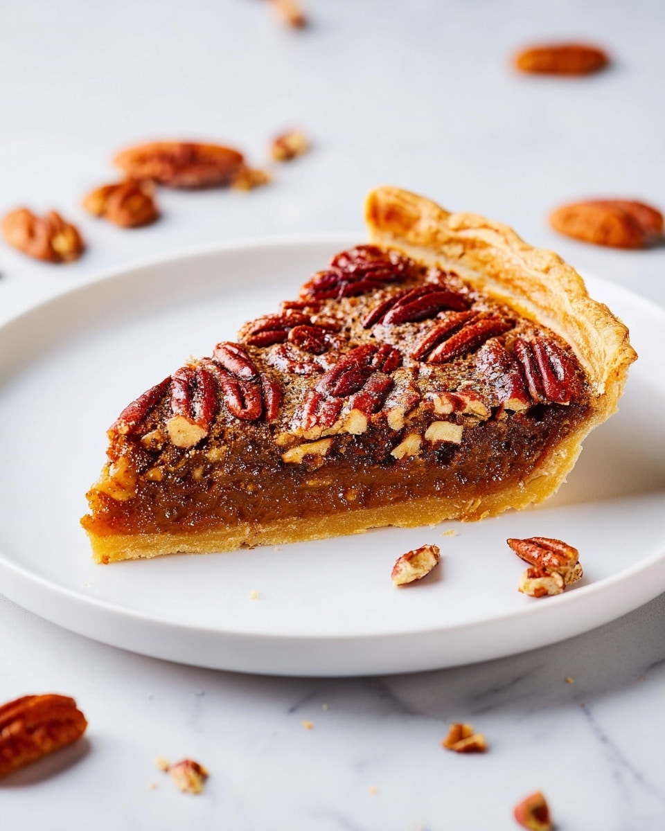 The image shows a single slice of pecan pie on a white plate placed on a white marbled surface. The slice has three visible layers: a light golden-brown flaky crust at the bottom, a thick, rich, caramel-colored filling in the middle with a slightly soft texture, and a top layer covered in glossy, dark reddish-brown whole pecans that are spread evenly and slightly pressed into the filling. There are also whole pecans scattered around the plate on the surface. Photo taken with an iphone --ar 4:5 --v 7