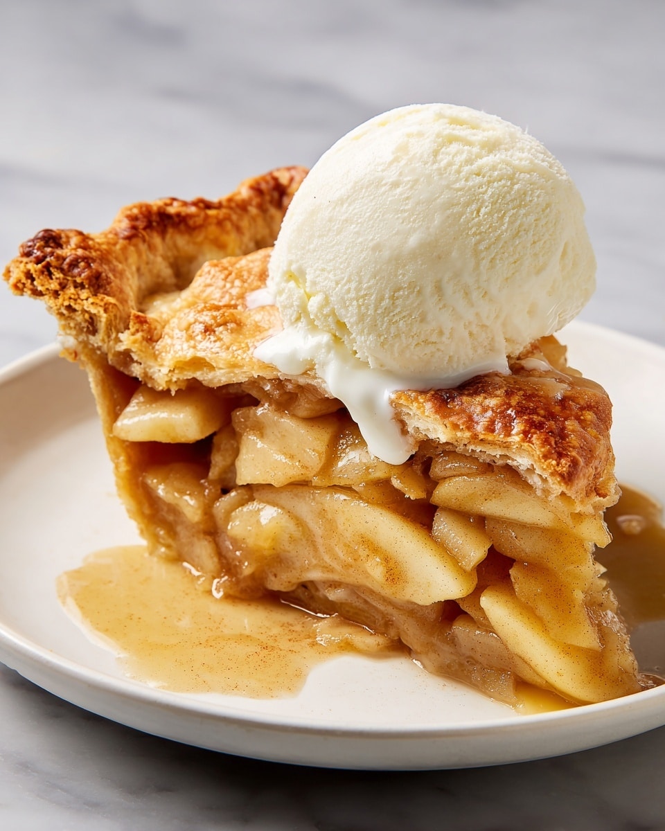 A thick slice of apple pie sits on a white plate with a slightly shiny golden-brown crust on top, showing the rough flaky texture and some darker browned spots. Below the crust are several layers of soft, cooked apple slices in light tan and pale yellow shades, mixed with a glossy cinnamon-spiced sauce that is oozing out a bit onto the plate. On top of the pie slice is a large, smooth scoop of creamy white vanilla ice cream, slowly melting and dripping down the sides. The plate rests on a white marbled surface. photo taken with an iphone --ar 4:5 --v 7