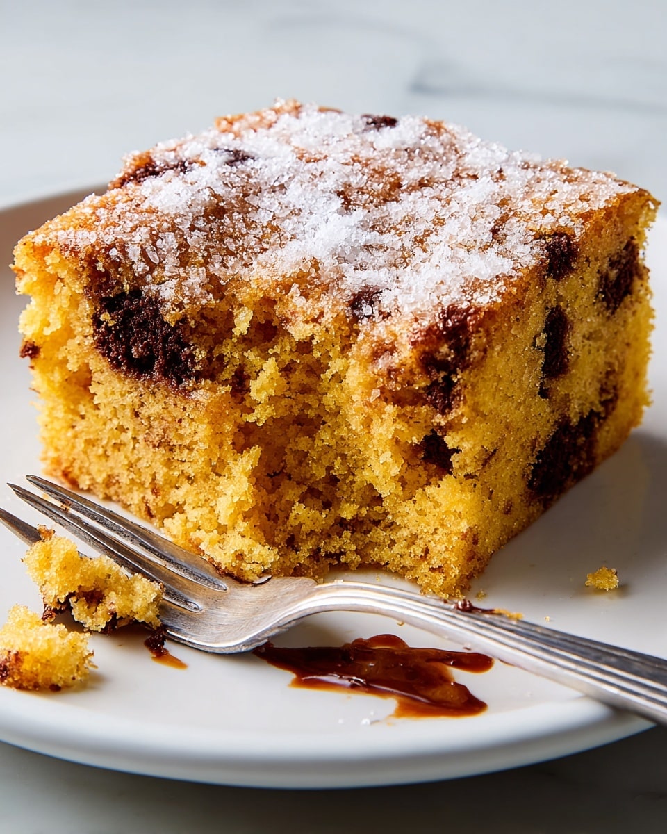 The image shows two square pieces of a moist, orange-colored cake with chocolate chips inside, each on a white plate. The cake has a crumbly, light brown streusel topping dusted with powdered sugar, giving it a slightly rough texture on top. One piece is whole, while the other has a small bite taken out of it with crumbs scattered on the plate. A silver fork rests on the plate with the bitten piece, and a blue mug filled with dark coffee sits nearby on a white marbled surface photo taken with an iphone --ar 4:5 --v 7