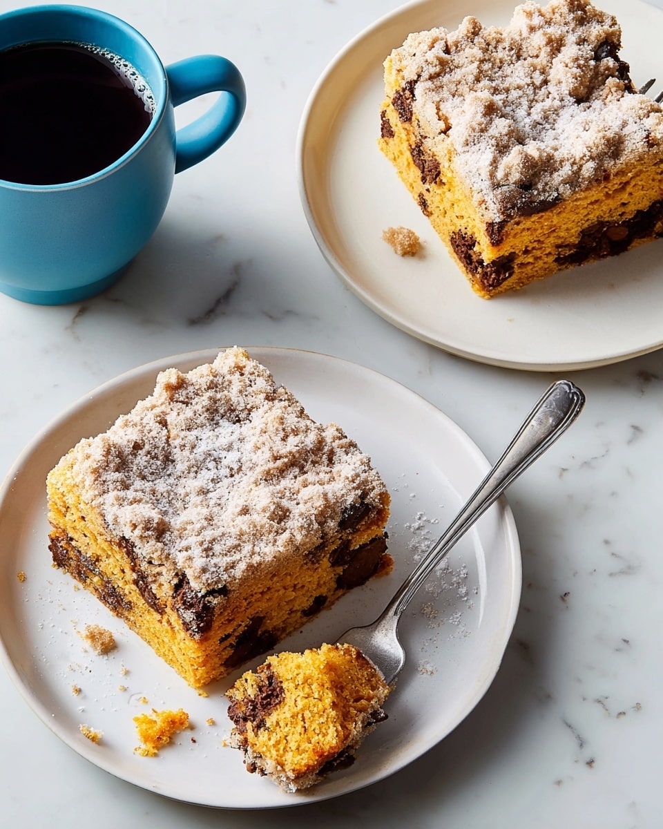 A single square piece of golden brown cake with a light crumb texture and scattered dark chocolate chunks inside, topped with a sprinkling of sugar crystals. The cake has a small bite taken from the front, showing its soft and moist inside. It sits on a white plate placed on a white marbled surface, with a silver fork resting on the plate next to the cake. There is a small smear of chocolate near the fork. Photo taken with an iphone --ar 4:5 --v 7