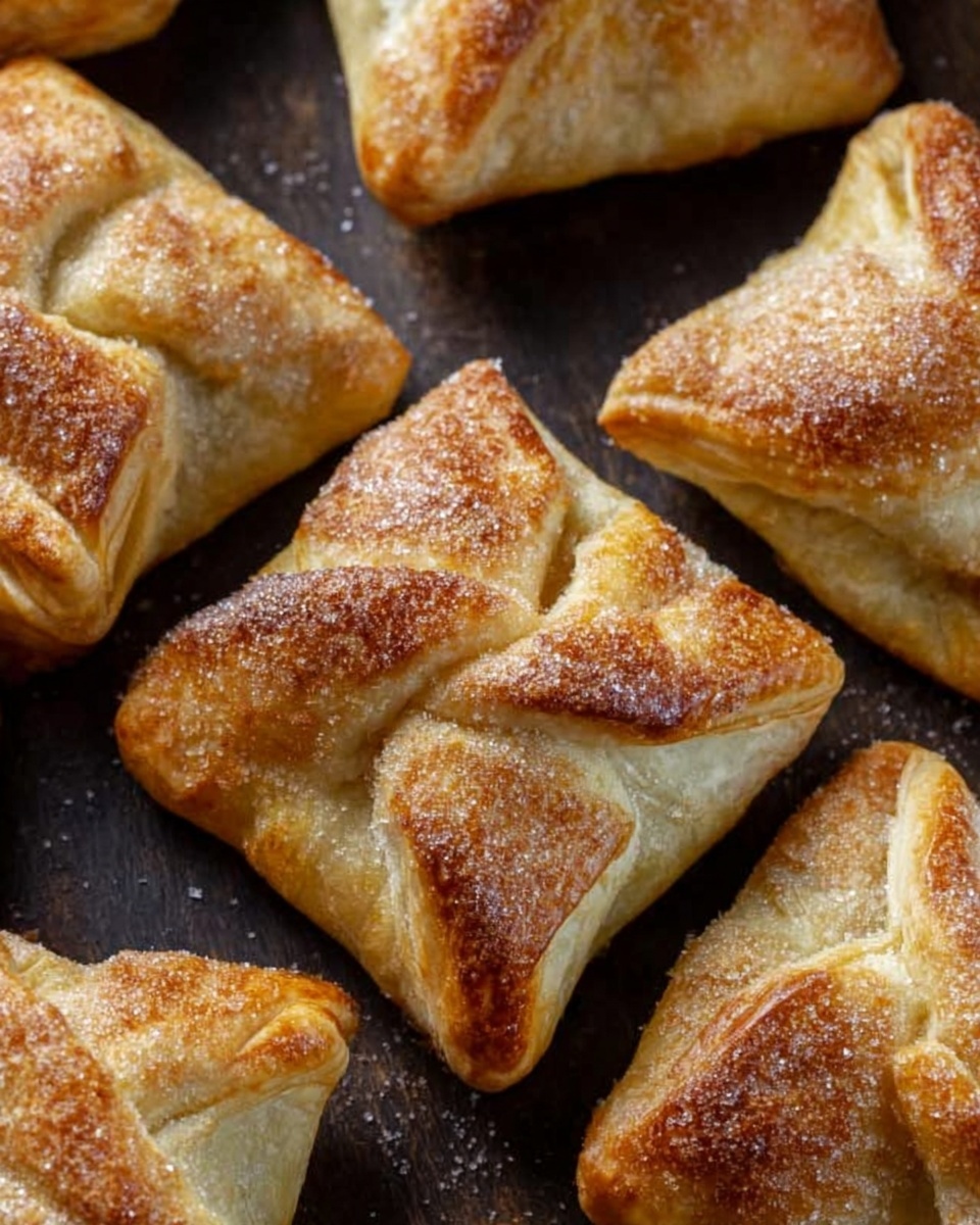 The image shows several golden brown pastries with a square shape and folded corners, placed closely together on a dark wooden surface. Each pastry has a slightly crispy and flaky texture with a light sugar sprinkle on top, giving a shiny and crunchy look. The layers are folded neatly, showing slightly puffed dough with uneven, darker toasted spots. The pastries vary slightly in size and positioning but all are uniformly baked to a warm, golden color. The background is a white marbled texture. photo taken with an iphone --ar 4:5 --v 7