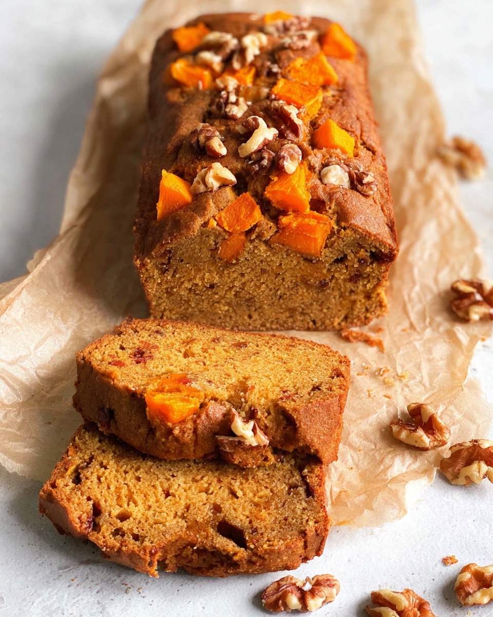 The image shows a loaf of brown bread with a coarse texture, lying on crumpled parchment paper over a white marbled surface. The loaf is topped with pieces of walnuts and orange chunks, which add rough and crunchy texture to the smooth, dense bread. Three slices have been cut from the loaf, arranged slightly stacked in front, showing the soft, crumbly inside that holds small bits of walnuts and orange fruit pieces. More walnuts surround the loaf on the parchment paper. Photo taken with an iphone --ar 4:5 --v 7