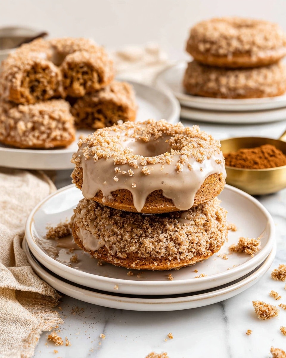 A close-up of a woman’s hand holding a donut broken in half showing a moist, dark brown inside texture with small holes. The donut has a crumbly light brown streusel layer on top with small glaze drizzles in light beige. Below the hand, a whole donut with the same crumbly topping and glaze sits on a white plate with some crumbs scattered around it. In the blurred background, there is a white plate stacked with more donuts and white cups. The whole scene is on a white marbled surface. Photo taken with an iphone --ar 4:5 --v 7