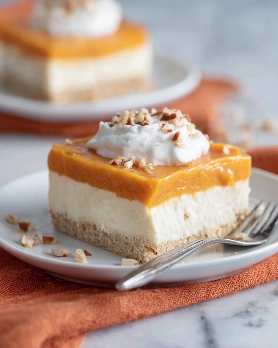 The image shows a square dessert with three clear layers placed on a white plate over a white marbled surface. The bottom layer is a light beige base with a rough texture, likely a nutty or crumbly crust. The middle layer is thick and creamy white with a smooth texture, while the top layer is a smooth, thick mustard-yellow layer. On top, there is a dollop of white whipped cream sprinkled with small pieces of chopped nuts. A silver fork rests beside the plate, and the background includes a blurred second piece of the same dessert. Photo taken with an iphone --ar 4:5 --v 7