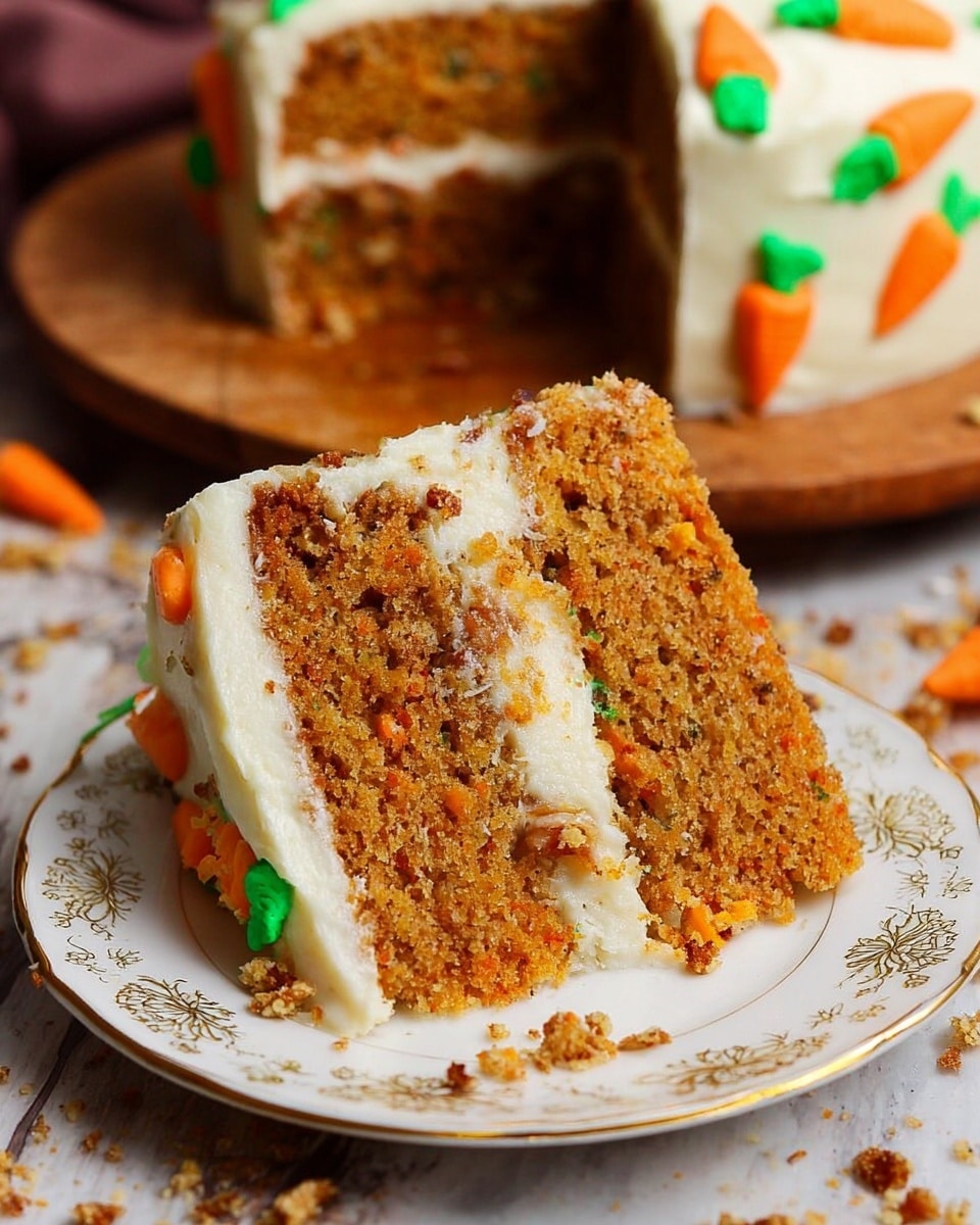 A slice of carrot cake with two thick layers of orange-brown moist cake filled with small bits of nuts and carrot. Between the two cake layers is a thick white cream frosting. The outside is covered with the same white cream frosting, decorated with tiny orange and green carrot shapes made of icing on the side. The slice is placed on a white plate with a delicate gold floral pattern around the edge, sitting on a white marbled surface with some cake crumbs scattered around. In the background, the rest of the cake is visible, sitting on a wooden board. Photo taken with an iphone --ar 4:5 --v 7
