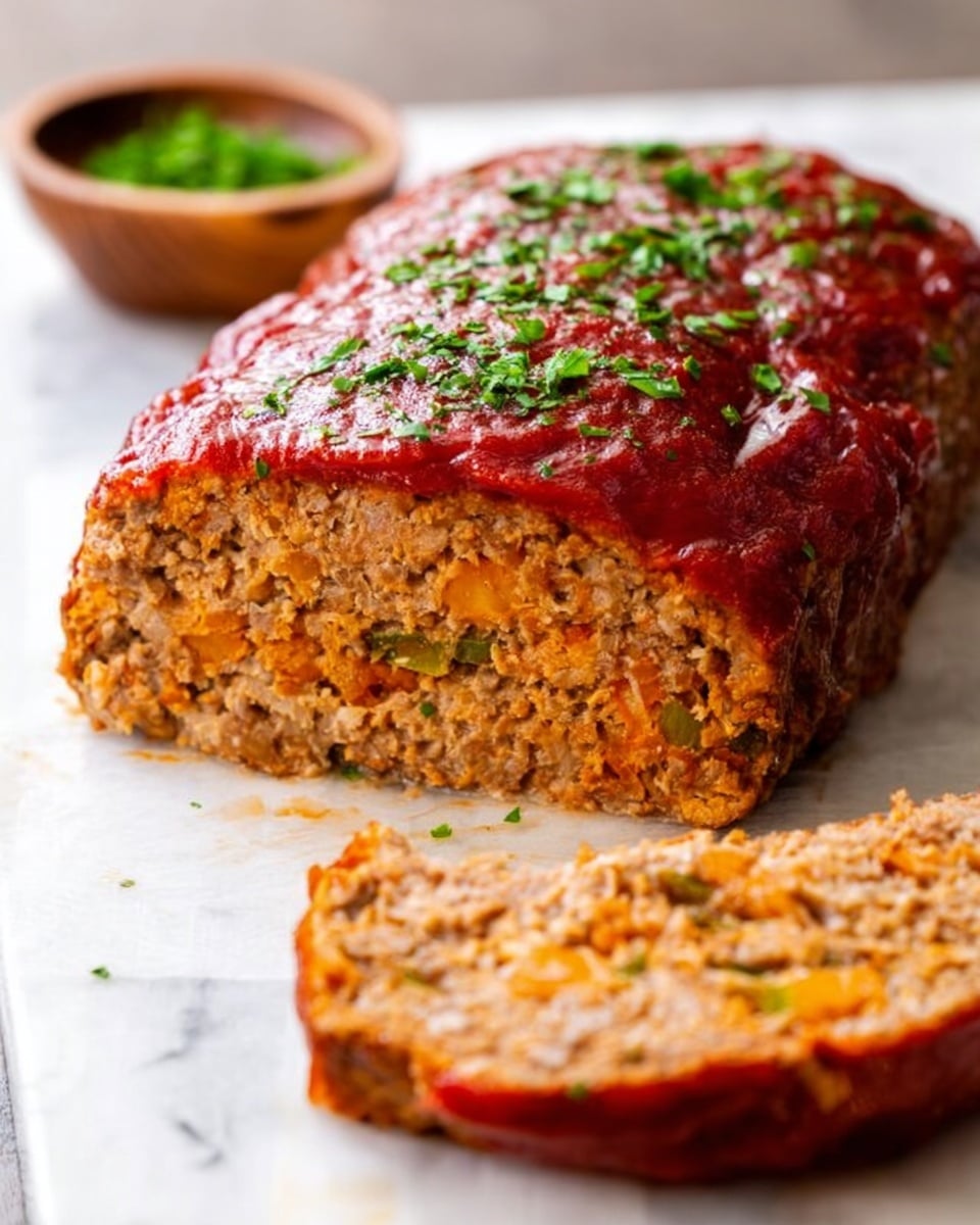 A close-up of a meatloaf with a rich, shiny red sauce layer on top, sprinkled with chopped green herbs. The meatloaf itself shows its textured, orange-tinted meat inside with visible bits of ingredients mixed in. One thick slice is placed in front of the main loaf on a white marbled surface. A small wooden bowl with extra green herbs is blurred in the background. Photo taken with an iphone --ar 4:5 --v 7