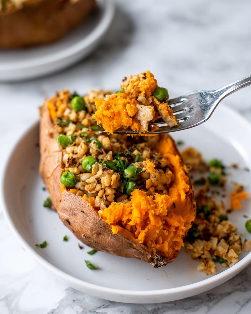 A baked sweet potato with its skin slightly cracked open sits on a white plate with a silver fork on the side. Inside the potato, there is a colorful filling with three visible layers: the base layer is bright orange sweet potato flesh, the middle layer has thin slices of cooked yellow bell pepper, and the top layer is a mix of small beige crumbles, green peas, and finely chopped mushrooms, all seasoned with black pepper and herbs. Some of the filling spills onto the plate. The background is a white marbled texture. Photo taken with an iphone --ar 4:5 --v 7