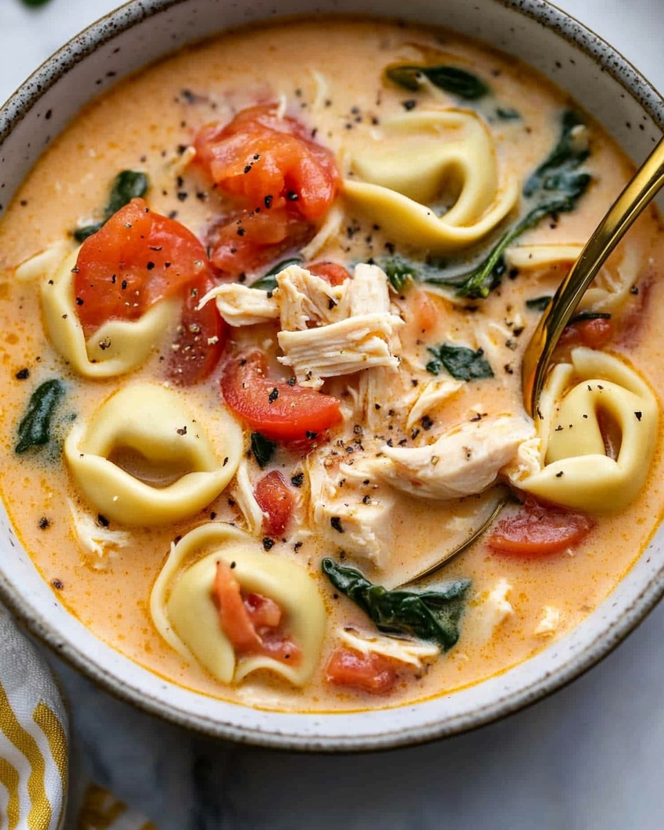 A close-up view of a bowl filled with creamy soup that has a light orange color. Visible in the soup are round tortellini pasta, chunks of red tomatoes, shredded white chicken pieces, and dark green leafy spinach. The tortellini have a smooth soft texture and are spread throughout the bowl, some partially covered by the soup. There are small bits of black pepper sprinkled on top. A gold spoon is placed inside the bowl, scooping up tortellini, spinach, and chicken. The bowl is white with a slightly rough gray rim, and it sits on a white marbled surface with a striped yellow and white cloth nearby. Photo taken with an iphone --ar 4:5 --v 6.1