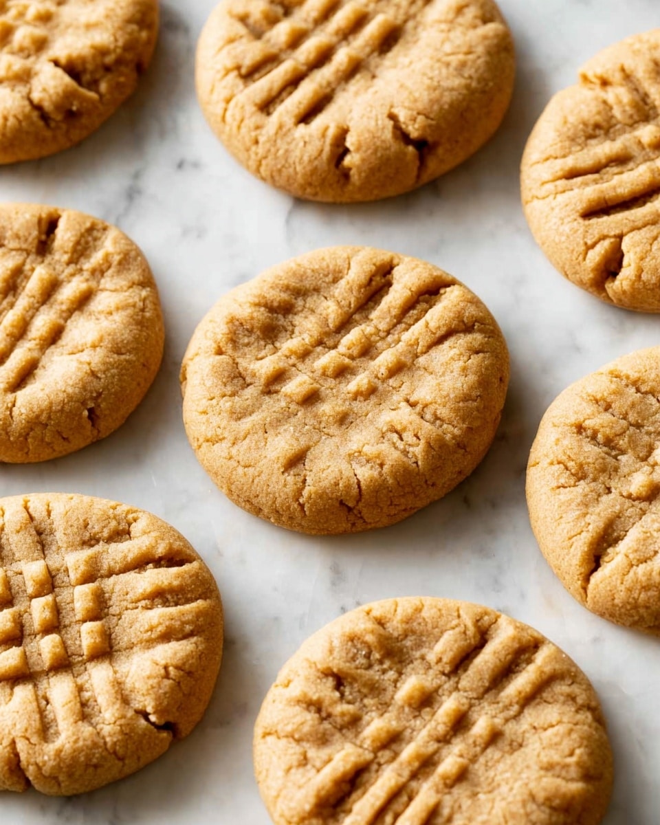 The image shows several round peanut butter cookies laid out on a white marbled surface. Each cookie is golden brown with a slightly cracked texture on top. They all have a classic pattern of fork marks, two sets of parallel lines intersecting at right angles, pressed into the surface. The cookies are close to each other but not touching, and the lighting highlights their soft, crumbly texture. Photo taken with an iphone --ar 4:5 --v 7