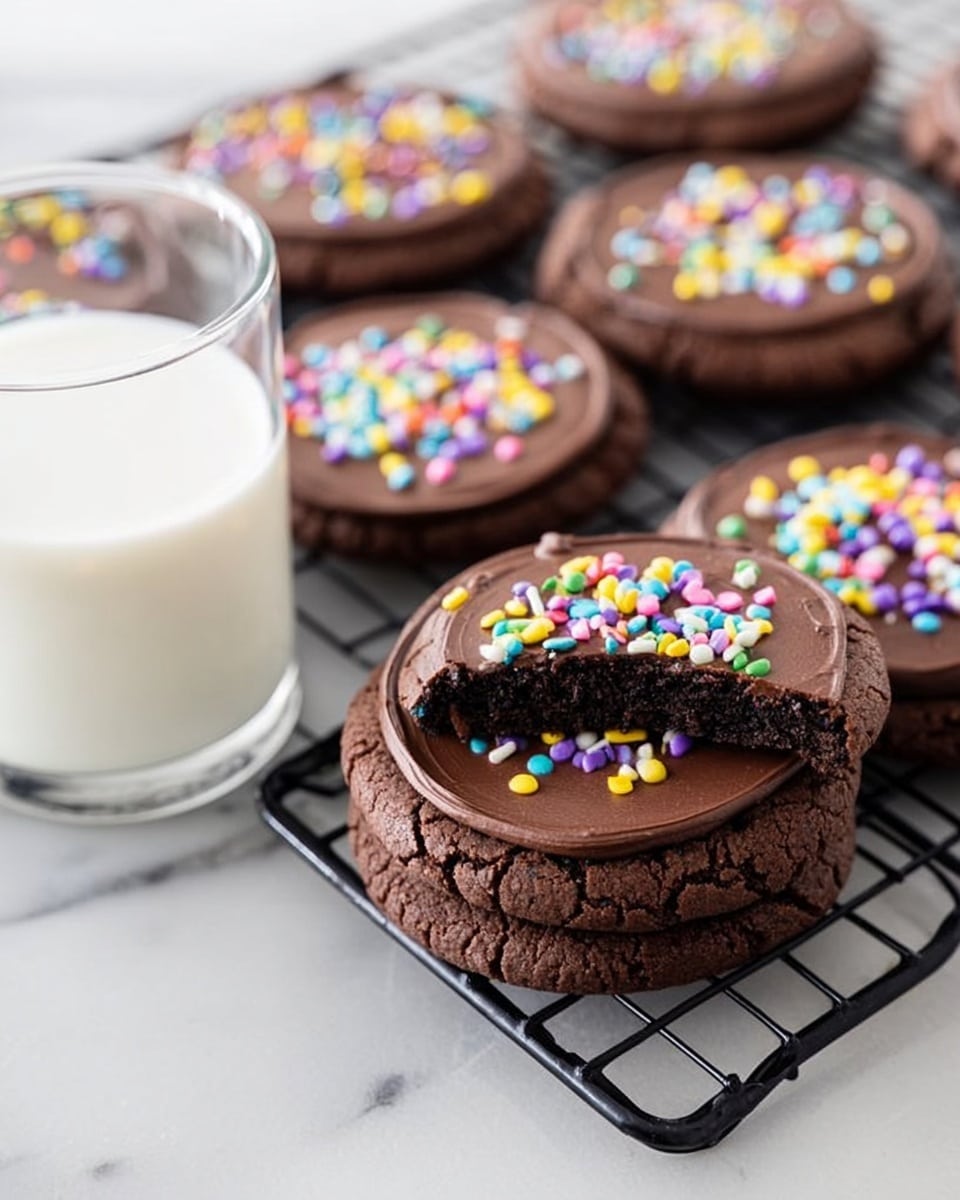 The image shows six large round chocolate cookies laid out on a black cooling rack over a white marbled surface. Each cookie has a smooth, shiny layer of dark chocolate frosting spread evenly on top and is decorated with small, round, colorful sprinkles scattered across the frosting. Two cookies in the middle have been split into smaller squares, showing the thick frosting between the cookie layers. On the side, there are also a few wrapped chocolate bars and a glass of milk. A white cloth with navy stripes is partly visible on the right side, and a woman's hand is reaching towards the cookies. The lighting is bright, highlighting the smooth texture and rich color of the chocolate. photo taken with an iphone --ar 4:5 --v 7