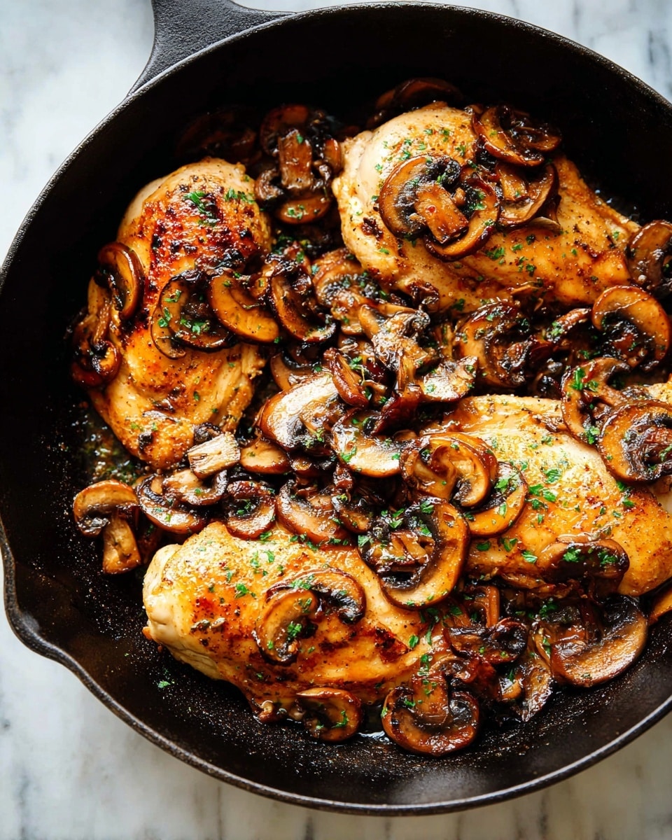 A black cast iron pan holds five pieces of golden brown cooked chicken with a slight char on the edges, each topped or surrounded by soft, brown sautéed mushroom slices. Tiny green herb pieces are sprinkled over the chicken and mushrooms, adding a fresh touch. The pan's handle rests on a white marbled surface, creating a rustic and warm look. photo taken with an iphone --ar 4:5 --v 7