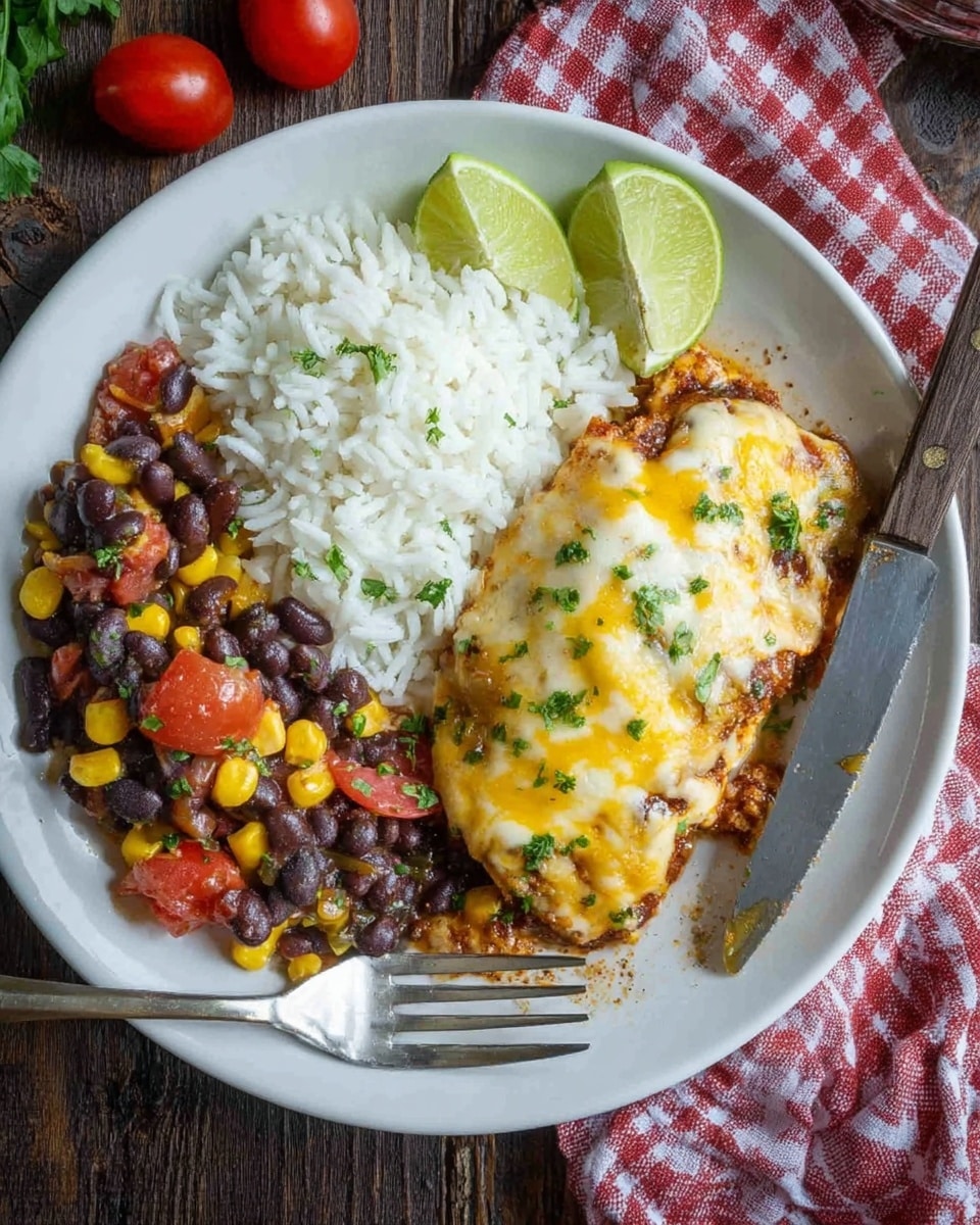 A black skillet filled with four pieces of browned chicken topped with melted white and yellow cheese, garnished with small green herb leaves. Around the chicken there is a mix of black beans, bright yellow corn, and chunks of red tomatoes in a sauce. A wooden spoon lifts one chicken piece, showing melted cheese over the browned surface and some vegetables underneath. The background and surface are white marbled texture. photo taken with an iphone --ar 4:5 --v 7