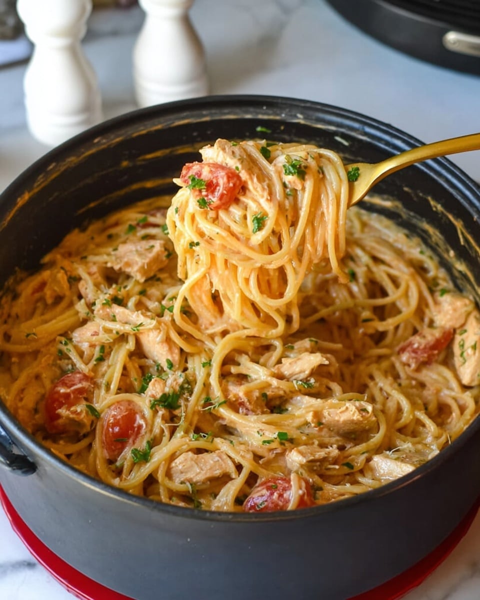 A black pot filled with creamy spaghetti mixed with pieces of cooked meat and tomatoes, topped with small green herb sprinkles, with a gold fork twirling some spaghetti on the right side; in the background, a few pieces of toasted bread with herb garnish on a white marbled surface, and two white salt and pepper shakers with