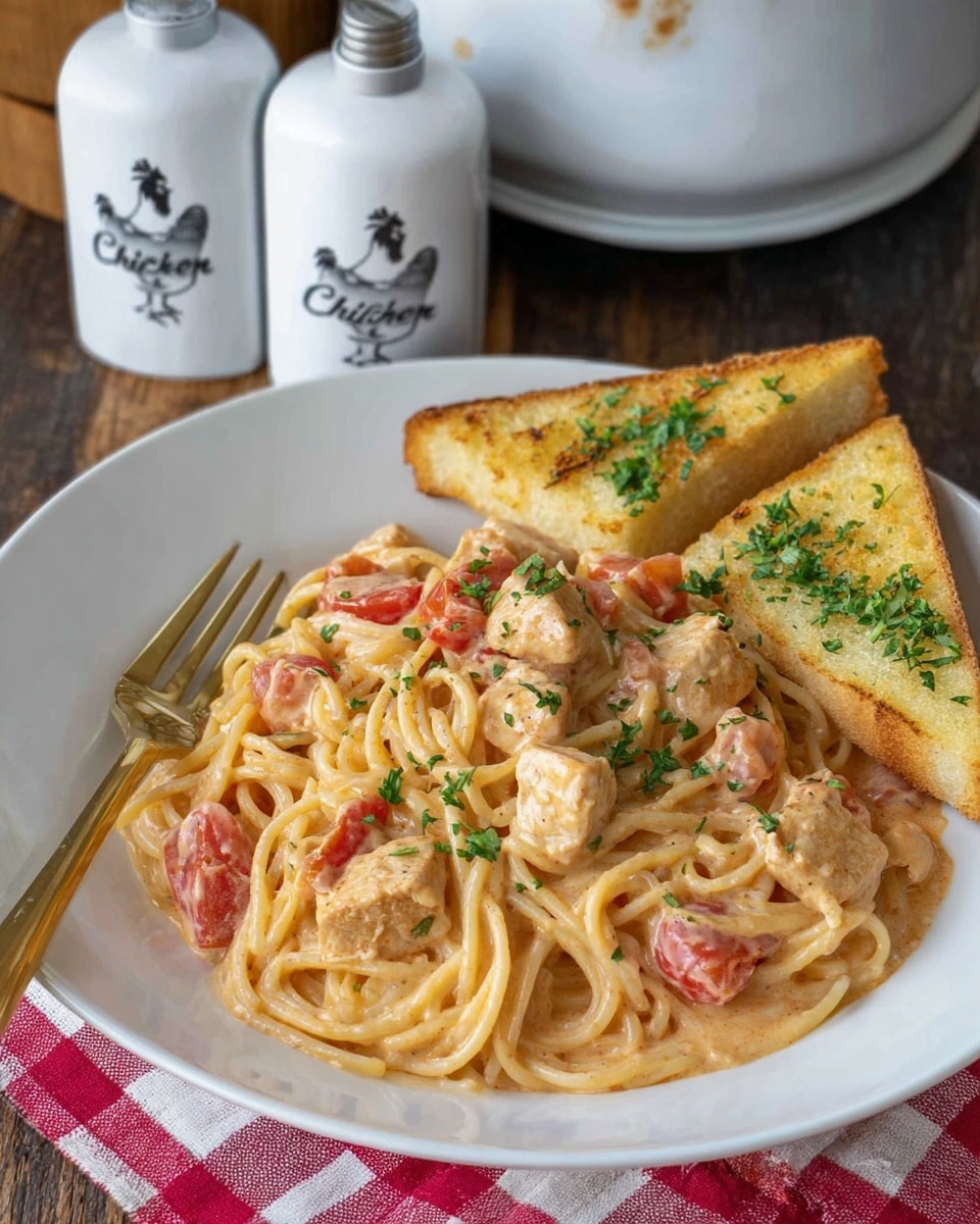 A white plate holds a creamy pasta dish with three layers: spaghetti noodles coated in a light orange creamy sauce form the base; scattered throughout are chunks of light tan chicken and red tomato pieces; the top is sprinkled with small bits of green parsley. Two triangular slices of toasted garlic bread with a golden-brown crust and green herb bits rest on the right side. A gold fork lies on the front edge of the plate. The plate sits on a dark wooden surface with a red and white checkered cloth visible at the bottom. Two white ceramic salt and pepper shakers with black text and a chicken logo stand behind the plate, next to a white kitchen appliance. The surface is changed to white marbled texture. photo taken with an iphone --ar 4:5 --v 7