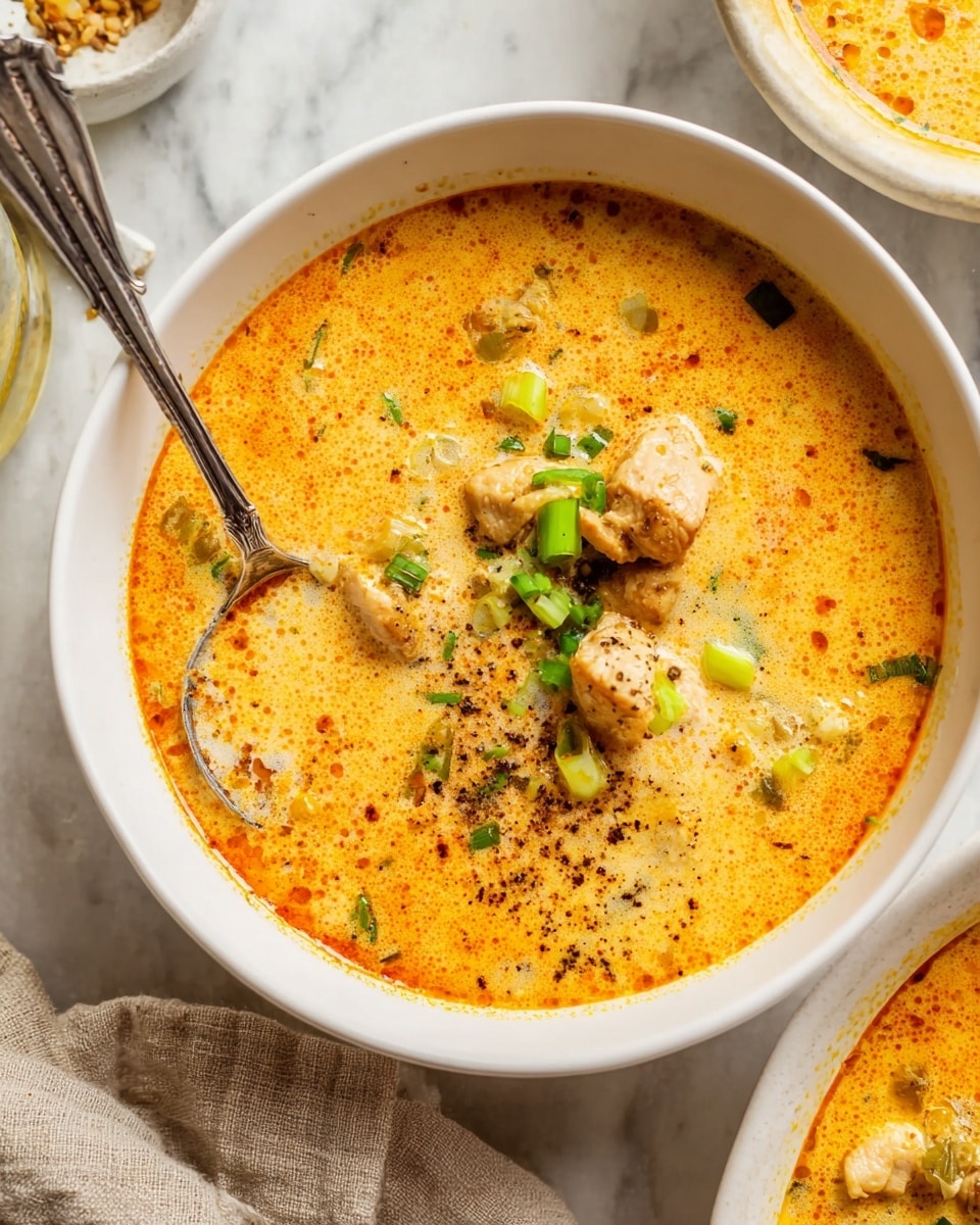 A white bowl filled with a creamy orange soup that has a smooth texture on the surface with a few swirls of cream. Inside the soup are several browned pieces of chicken, slightly charred with a rough texture, and small bits of diced green onions scattered on top, adding a fresh green contrast. The soup looks thick and rich, covering the ingredients well. The bowl is placed on a white marbled surface, and to the side, a woman's hand holds a spoon ready to scoop from the bowl. In the background, there is a glimpse of another white bowl with the same soup and a beige linen cloth partially visible near a dark pan filled with more creamy food. photo taken with an iphone --ar 4:5 --v 7