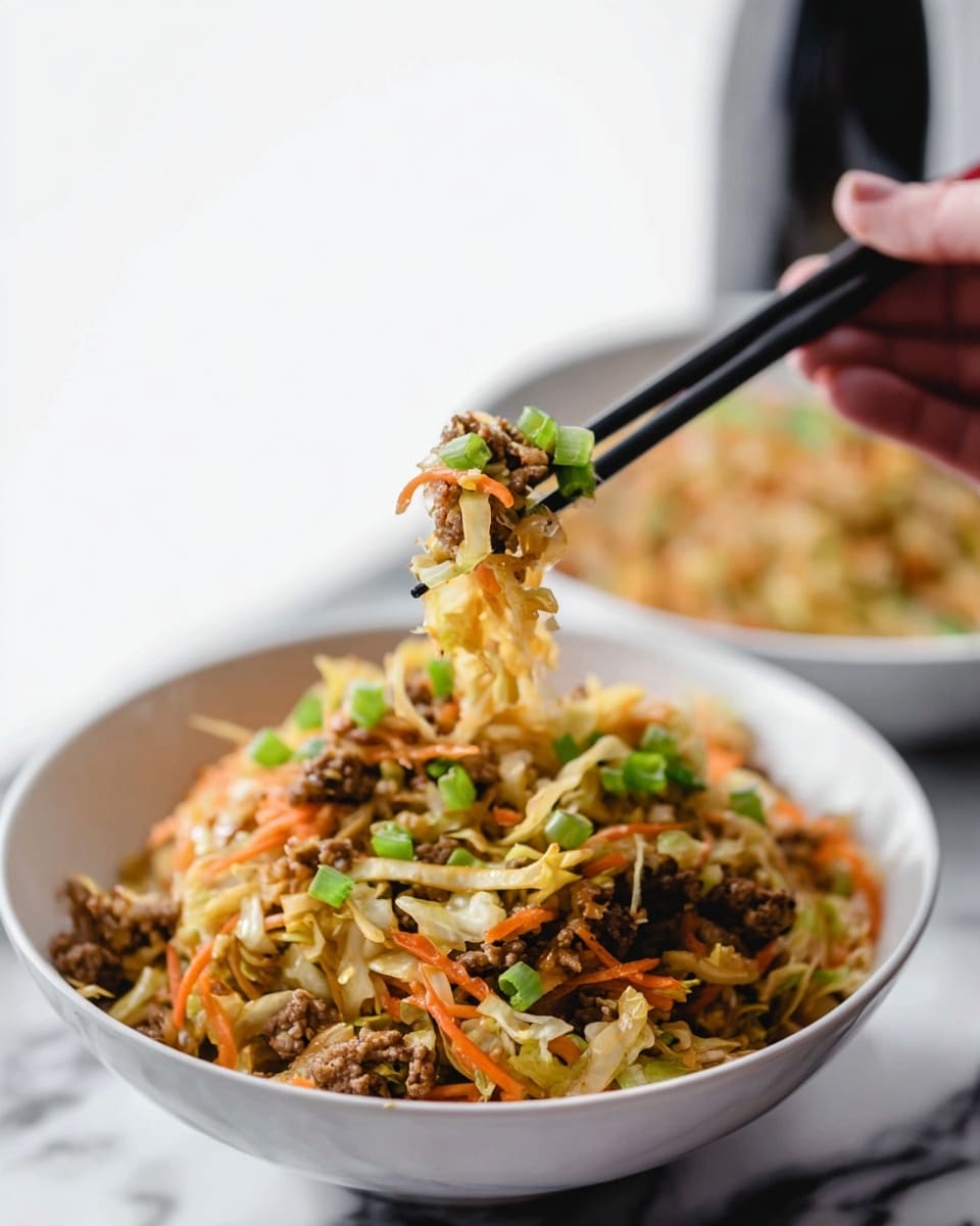 A white bowl filled with a stir-fry dish showing multiple layers: small brown cooked meat pieces mixed with thin orange carrot strips and light yellow shredded cabbage, all lightly glossy from sauce, topped with small green chopped scallions scattered on top. A woman's hand holds black chopsticks lifting a bite from the bowl, with the lifted portion showing clearly the mix of meat, cabbage, and carrots. The background is a blurred white marbled surface with another similar bowl and a dark bottle standing behind. The lighting is bright and natural, highlighting the textures and colors of the food photo taken with an iphone --ar 4:5 --v 7