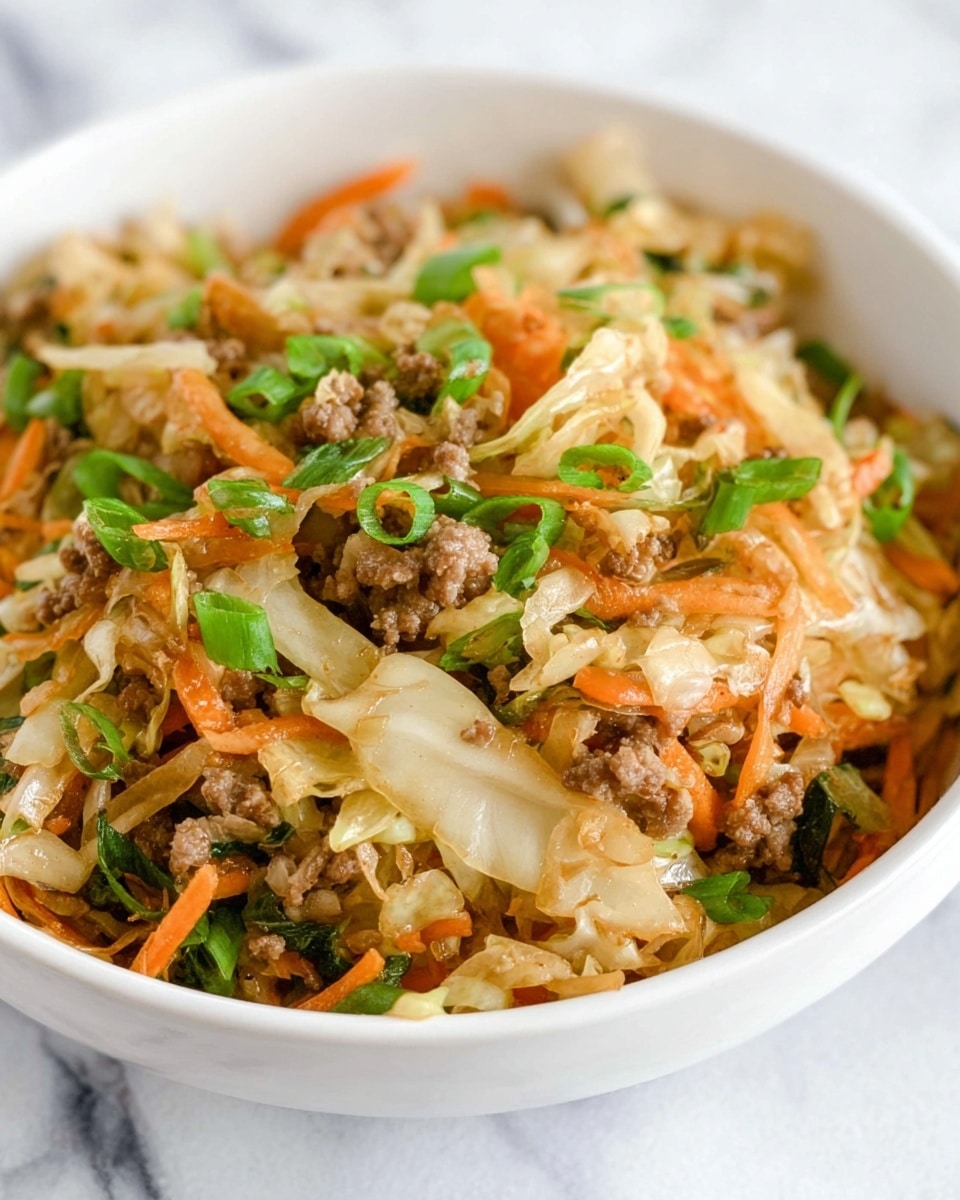 The image shows a white bowl filled with a mixed dish of cooked ground meat and thinly sliced vegetables. There are visible layers of light brown meat pieces, pale yellow cabbage strips, thin orange carrot slivers, and bright green chopped scallions scattered on top. The textures range from tender meat chunks to soft cooked vegetables with some fresh crunch. The bowl sits on a white marbled surface. The colors are warm and inviting with a mix of earthy browns and fresh greens and oranges. Photo taken with an iphone --ar 4:5 --v 7