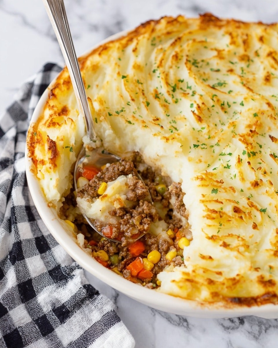 A white round dish filled with a layer of cooked ground meat mixed with small pieces of orange carrot and yellow corn at the bottom; above this is a thick, creamy layer of mashed potatoes with a slightly golden, textured top sprinkled with small green herb bits; a silver spoon is scooping out the filling from the right side, creating a small gap showing both layers clearly; the dish is placed on a white marbled surface with a black and white checkered cloth partially visible at the bottom left corner; photo taken with an iphone --ar 4:5 --v 7