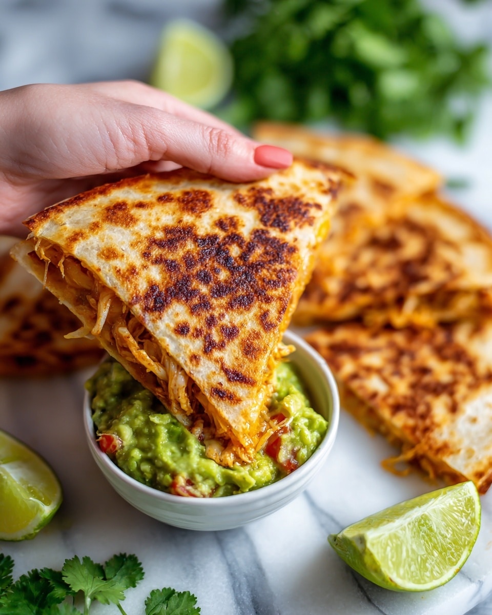 A woman's hand is holding a triangular quesadilla piece with a golden brown toasted surface showing some darker char spots, dipping it into a small bowl of chunky green guacamole mixed with bits of red tomato. The bowl is white, placed on a white marbled surface with two lime halves nearby, one fully visible and the other partially in front, alongside some fresh cilantro leaves and additional quesadilla pieces blurred in the foreground. Photo taken with an iphone --ar 4:5 --v 7
