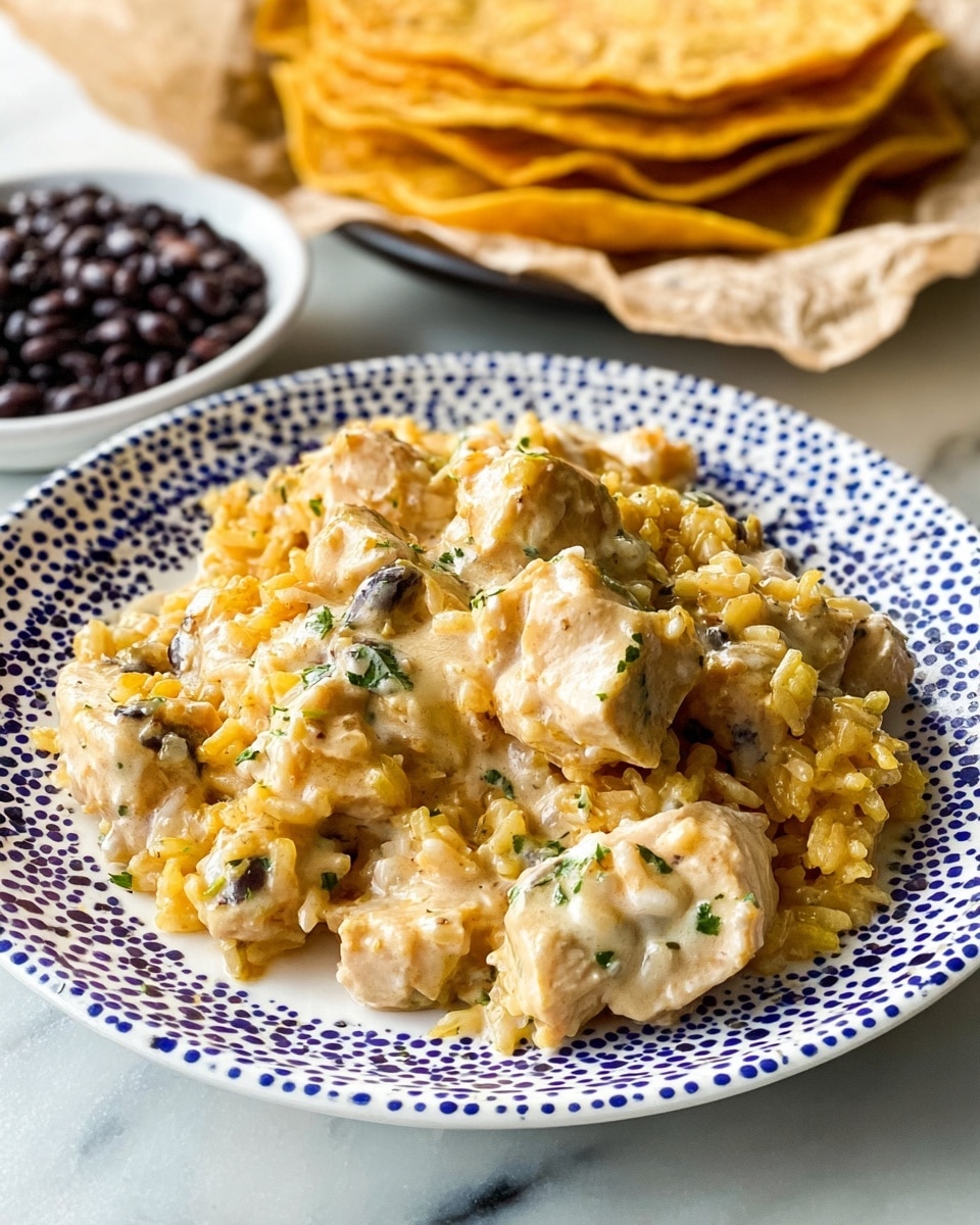 A black plate filled with a mixture of yellow scrambled eggs and pieces of cooked chicken, topped with a white creamy sauce and sprinkled with small green herbs. A silver fork rests on the right side of the plate, partially on the food. In the background, there are three round white tortillas stacked on the white marbled surface next to a small white bowl with a bit of white sauce inside. A woman's hand with slight purple coloring on the fingertips is touching the edge of the plate. photo taken with an iphone --ar 4:5 --v 7