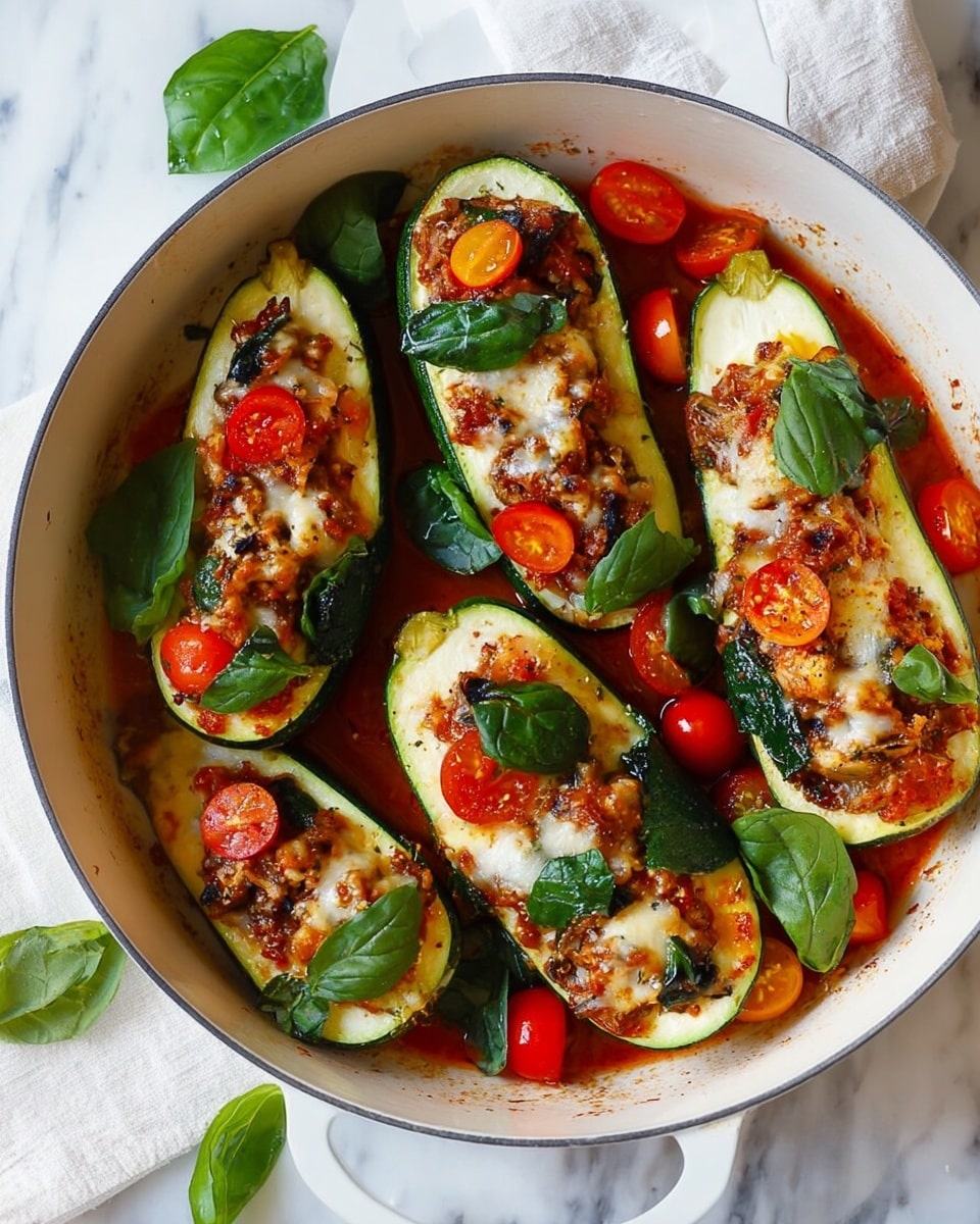The image shows a white pot filled with six zucchini boats arranged in a circular pattern on a white marbled surface. Each zucchini is halved lengthwise and hollowed out to form a thick green base with light inner flesh. Inside each boat, there is a layer of cooked tomato sauce that is deep red and slightly chunky. On top of this sauce, there is a mix of browned vegetables and melted cheese that is bubbly and golden with darker brown spots. Fresh spinach leaves are scattered on and around the zucchini, adding dark green texture, alongside bright basil leaves and small jagged pieces of red and orange cherry tomatoes placed on each boat. The scene is brightly lit with natural light, making the fresh colors pop. photo taken with an iphone --ar 4:5 --v 7