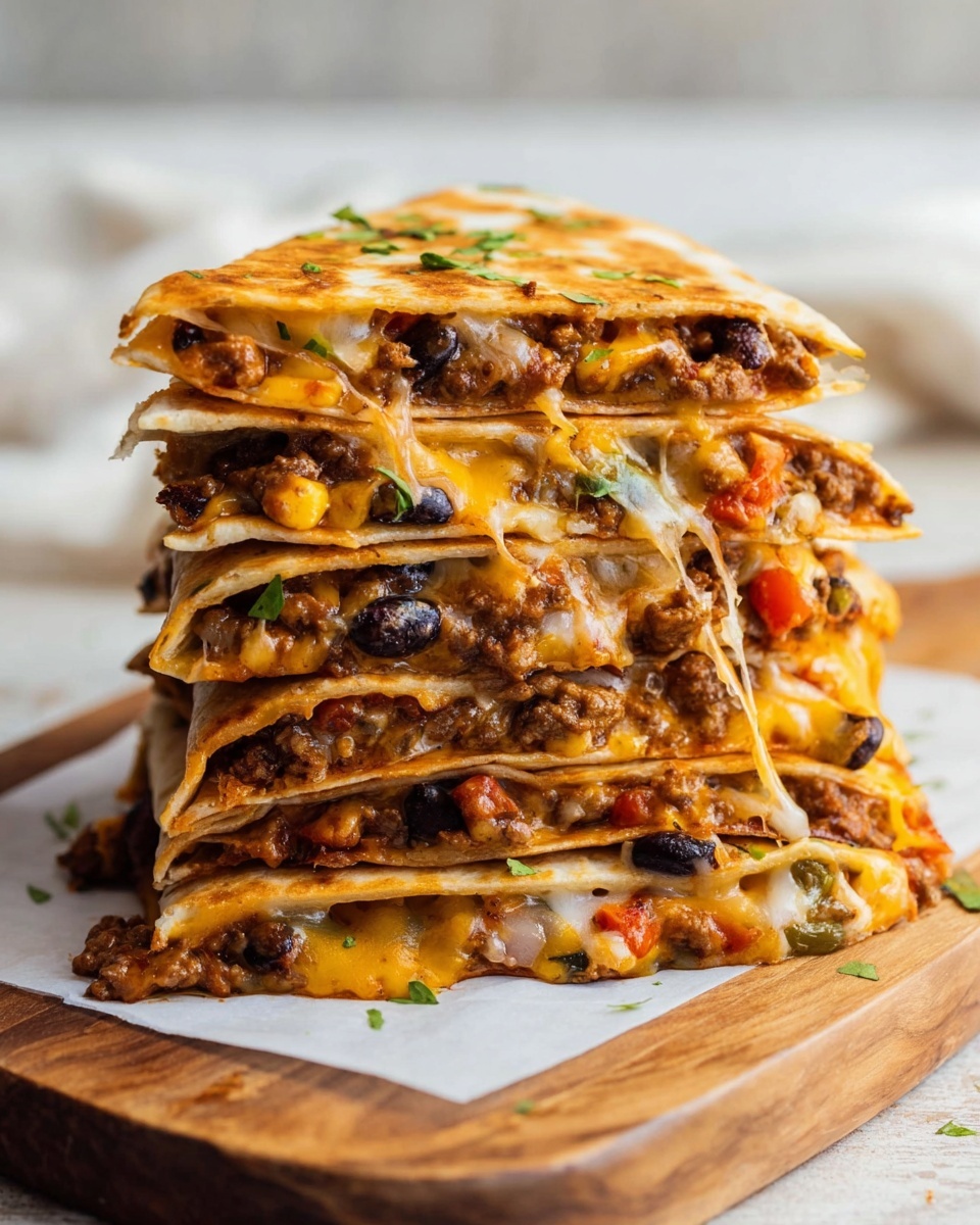 A tall stack of five quesadilla layers sits on a piece of white paper on a wooden board. Each layer is golden brown and crispy, filled with a mix of melted yellow and white cheese, seasoned ground meat, black beans, and small bits of red and green peppers. Some melted cheese stretches slightly between the layers, and small green herbs are sprinkled on top, adding a fresh touch. The background is soft and blurred with a white marbled texture beneath the board, giving the whole scene a warm and inviting look. Photo taken with an iphone --ar 4:5 --v 7