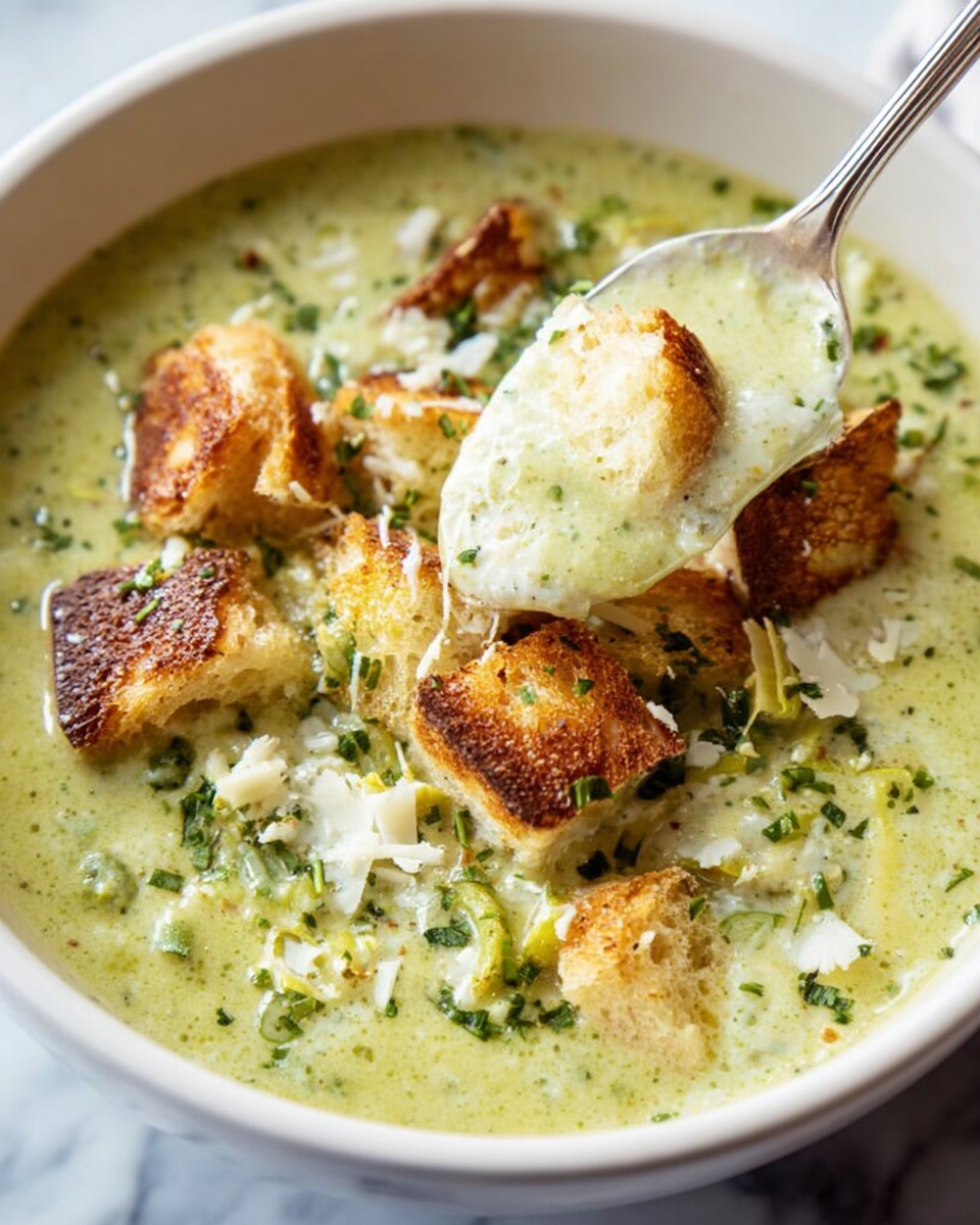 A white bowl filled with creamy light green soup, topped with golden brown toasted bread cubes with a crunchy texture. The soup is garnished with sprinkled fresh green herbs and small white cheese shreds scattered over the surface. A silver spoon is scooping one toasted bread cube, partially covered in the thick soup. The bowl sits on a white marbled surface. Photo taken with an iphone --ar 4:5 --v 7
