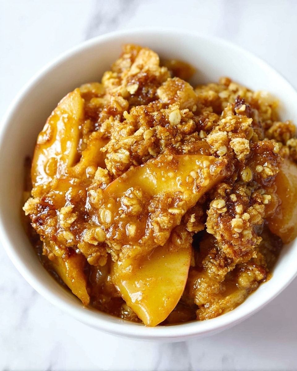 A close-up view of a white bowl filled with a warm apple crumble dessert showing three main layers: soft apple slices at the bottom coated in a glossy golden syrup, topped with a crumbly, textured mixture of oats and brown sugar that is golden brown with hints of darker toasted spots, all blending together with a shiny syrup coating that gives a sticky and moist look. The background is a white marbled texture, photo taken with an iphone --ar 4:5 --v 7