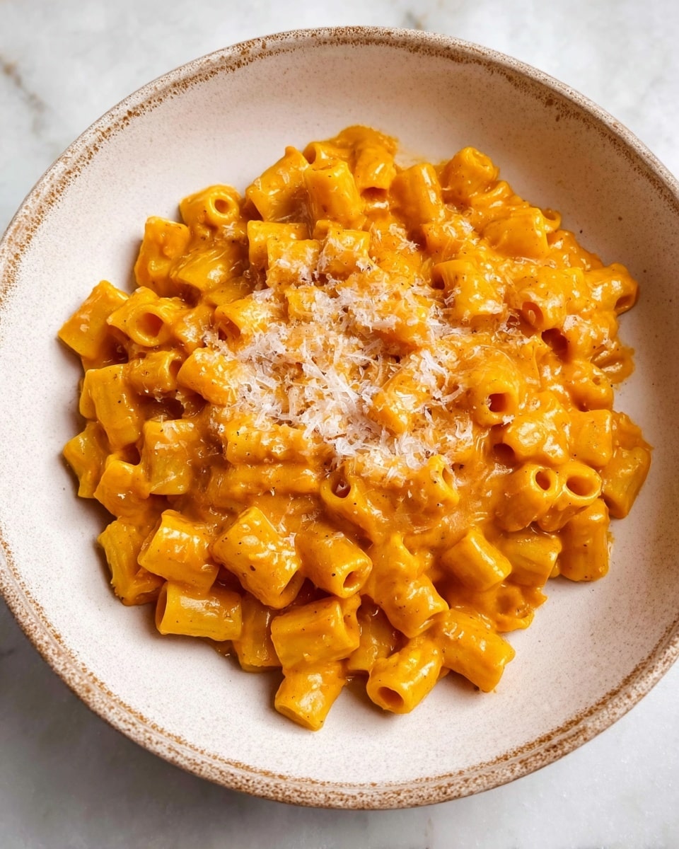 The image shows a bowl of short tube-shaped pasta covered in a thick orange sauce. The pasta pieces are small and densely packed, with the sauce giving a smooth, creamy texture. In the center of the pasta, there is a sprinkle of finely grated white cheese that adds a light contrast. The bowl is white and has a rough, rustic texture with a slightly darker edge. The background is a white marbled surface. photo taken with an iphone --ar 4:5 --v 7