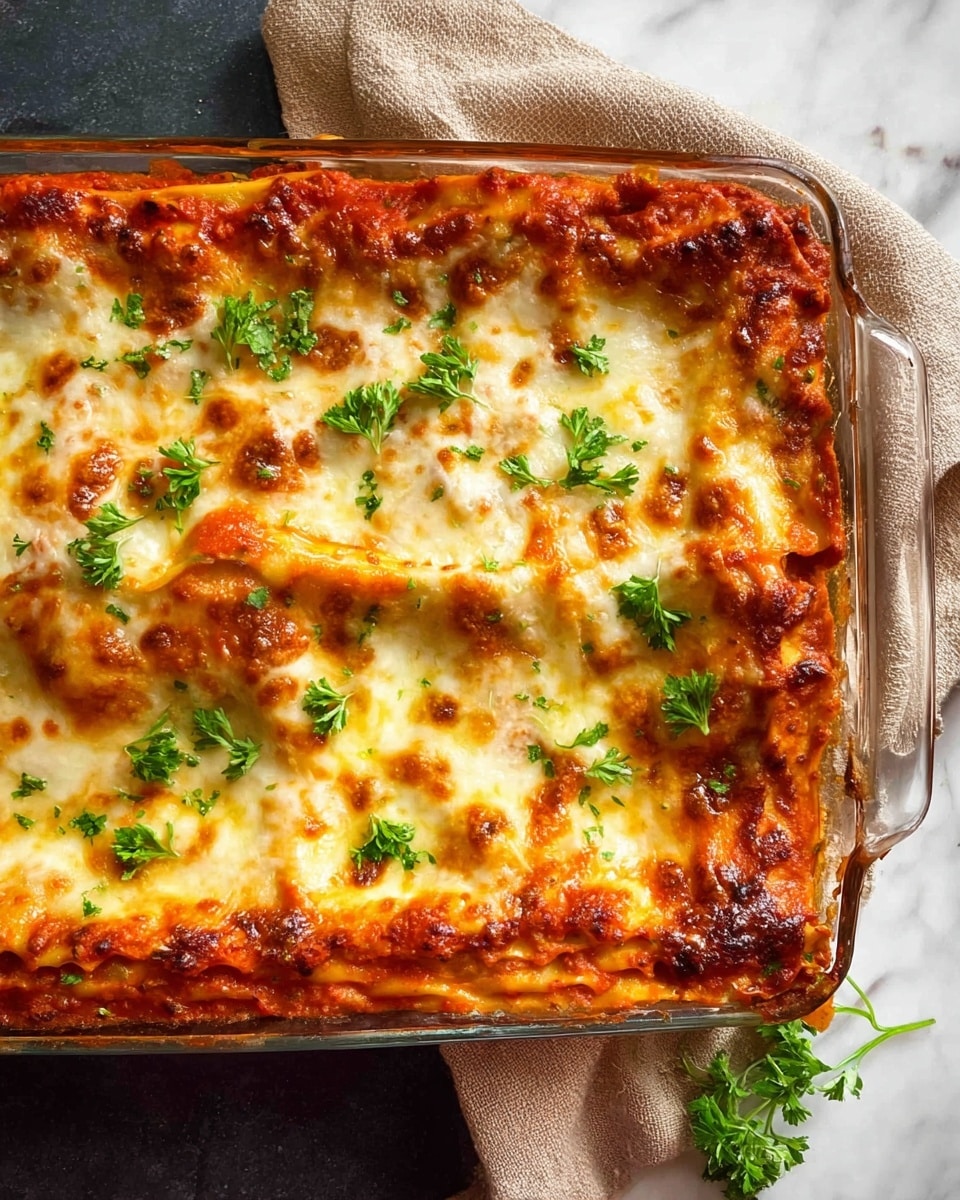 A glass baking dish filled with a lasagna that has several visible layers, starting with a red tomato sauce layer at the bottom, followed by layers of pasta sheets and melted golden brown cheese, which covers the top mostly with some bubbly and slightly browned spots. Fresh green parsley leaves are scattered on top for garnish. The dish sits on a white marbled surface with a folded beige cloth nearby. Photo taken with an iphone --ar 4:5 --v 7