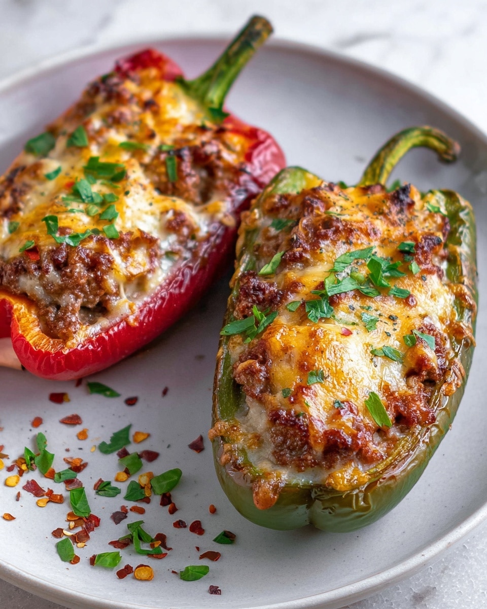 Two stuffed peppers lie on a white plate set on a white marbled surface. Each pepper is cut in half lengthwise, one red and one green, both filled with a textured mixture of ground meat and melted cheese. The cheese on top is golden brown and slightly crisped, covering the filling in a bubbly layer. Chopped green herbs and red pepper flakes are sprinkled around the peppers on the plate, adding color and detail. The peppers’ stems remain attached, with one curving upwards. photo taken with an iphone --ar 4:5 --v 7