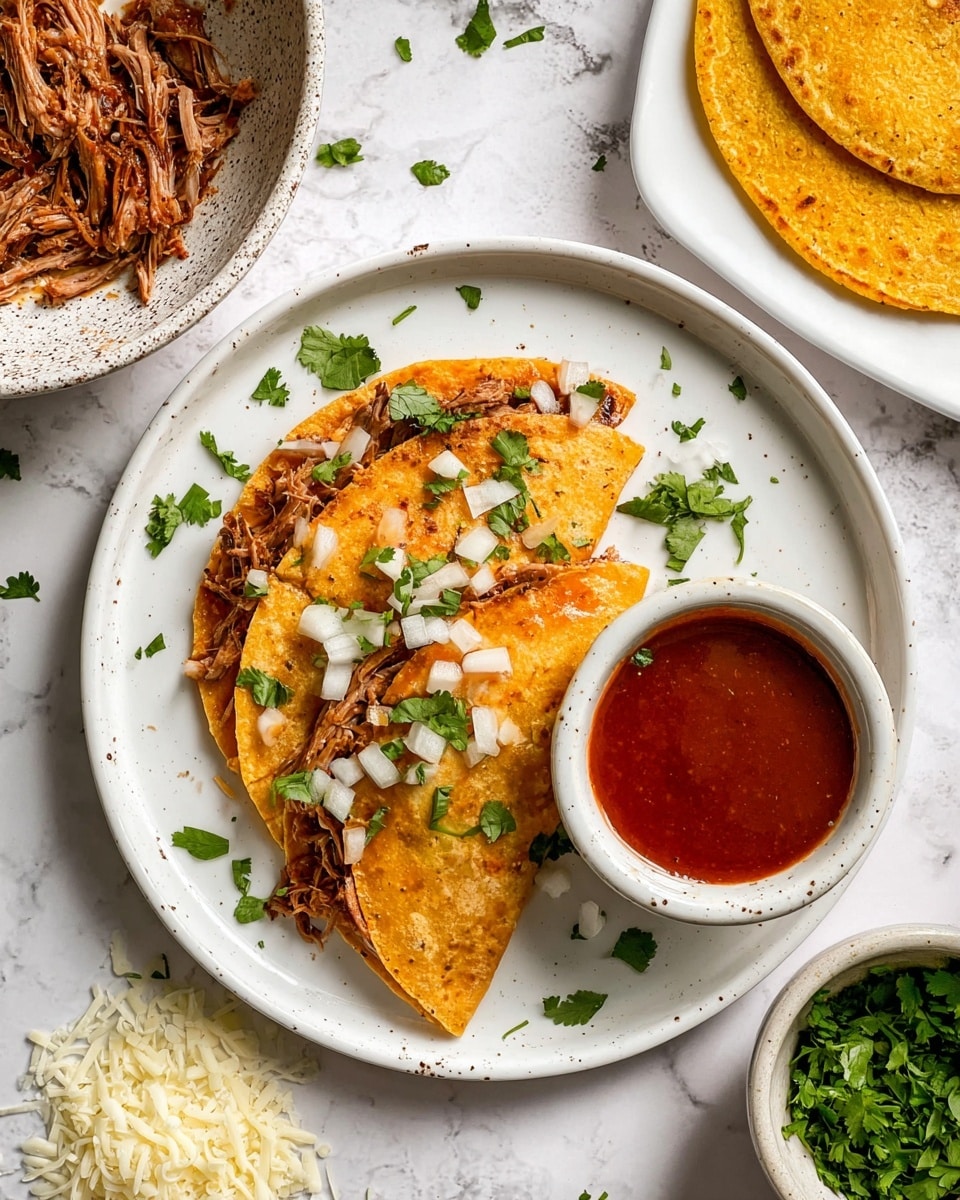 A white plate with two golden-brown folded tortillas filled with shredded meat, topped with small pieces of white onion and green cilantro scattered around and on them, placed next to a small white bowl filled with red sauce on the right side of the plate. Surrounding the plate are a speckled white bowl with shredded meat on the upper left, a white plate with yellow tortillas on the upper right, a small bowl of chopped green cilantro on the lower right, and a small pile of shredded white cheese on the lower left; all set against a white marbled surface. Photo taken with an iphone --ar 4:5 --v 7