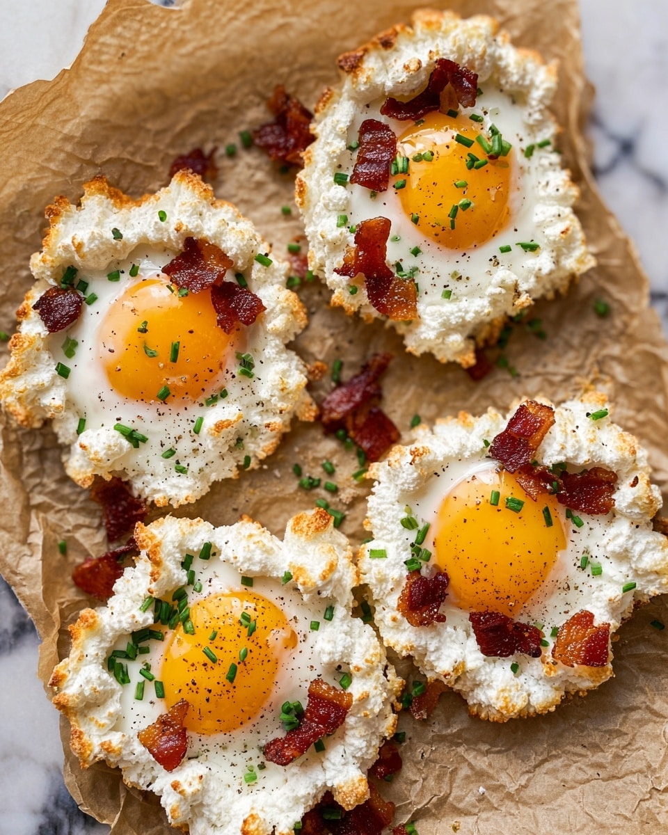 The image shows four cloud eggs placed on crinkled brown parchment paper over a white marbled surface. Each egg has a base layer of white fluffy whipped egg whites with a light golden-brown toasted texture on the edges. At the center of each whipped egg white nest is a smooth, bright yellow egg yolk sitting slightly sunken but fully intact. Small pieces of crispy reddish-brown bacon and finely chopped green chives are scattered over and around the eggs, adding pops of color and texture. The eggs look soft with bits of black pepper sprinkled lightly on top. Photo taken with an iphone --ar 4:5 --v 7