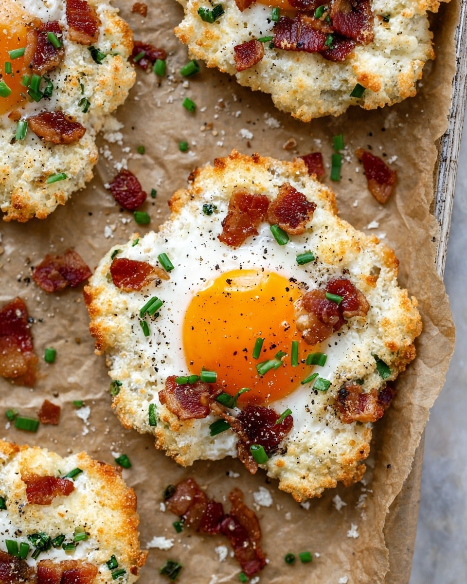 The image shows a close-up of four cloud eggs on a white marbled surface, with the main focus on one cloud egg in the center. The cloud egg has a fluffy, irregular white base with light golden brown edges and is mixed with small green chive pieces and crispy brown bacon bits evenly scattered. At the center of this egg, there is a smooth, round, bright orange yolk, slightly glossy and sprinkled lightly with black pepper. Around the eggs are extra small pieces of bacon and chopped green chives, all sitting on crumpled brown parchment paper placed on a metal baking tray. The texture of the egg whites is airy and soft, contrasting with the firm yolk and crunchy bacon. photo taken with an iphone --ar 4:5 --v 7