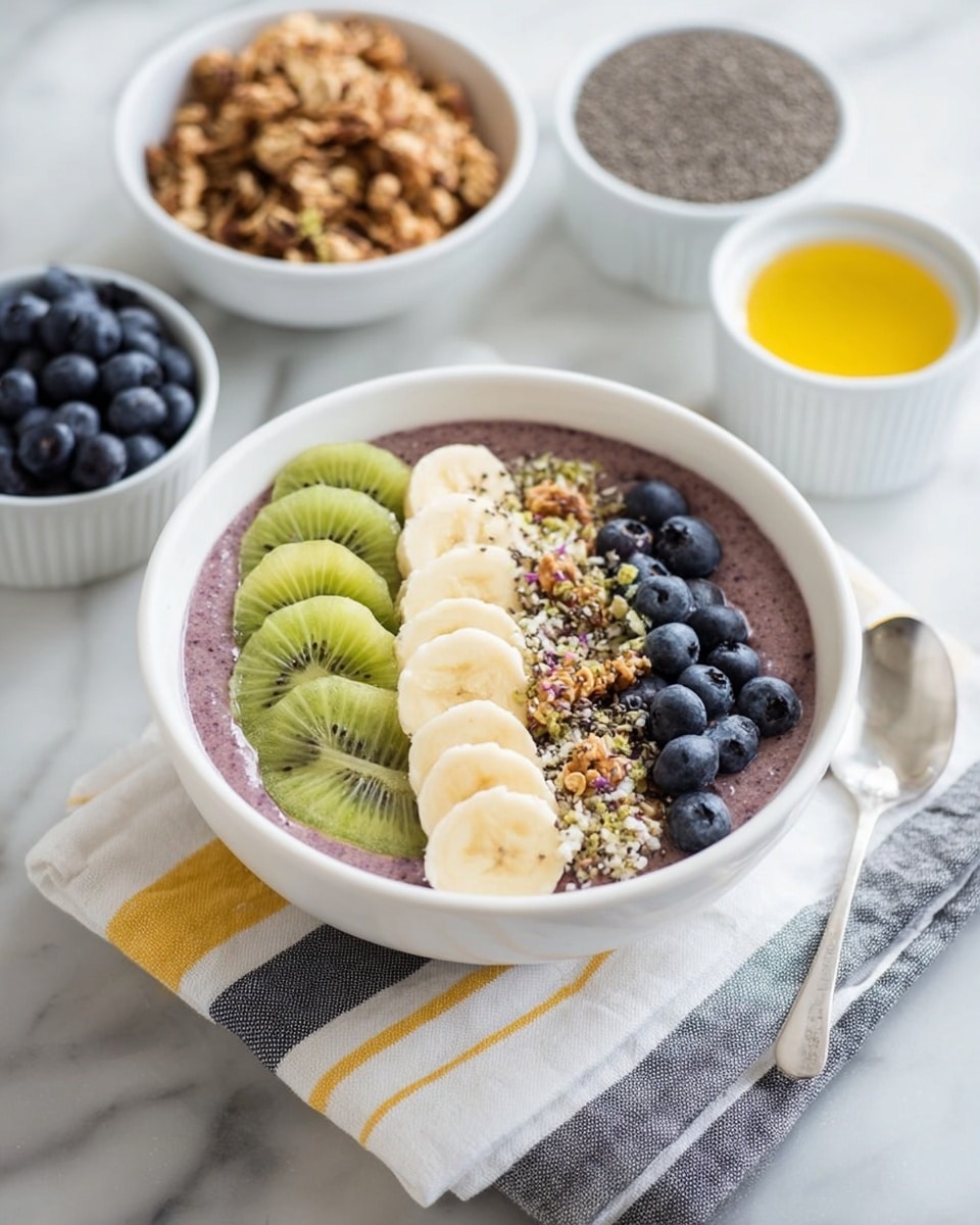A white bowl filled with a purple smoothie base, topped with three neat rows of sliced green kiwi on the left, pale yellow banana slices in the middle, and a small cluster of dark blueberries on the right, sprinkled with small granola pieces and chia seeds over the banana and smoothie. The bowl is placed on a folded striped cloth with gray, yellow, and white colors, resting on a white marbled surface. Around the bowl are smaller white bowls containing granola, blueberries, and chia seeds, with a small white dish of yellow liquid nearby. A spoon is partially visible next to the main bowl. Photo taken with an iphone --ar 4:5 --v 7