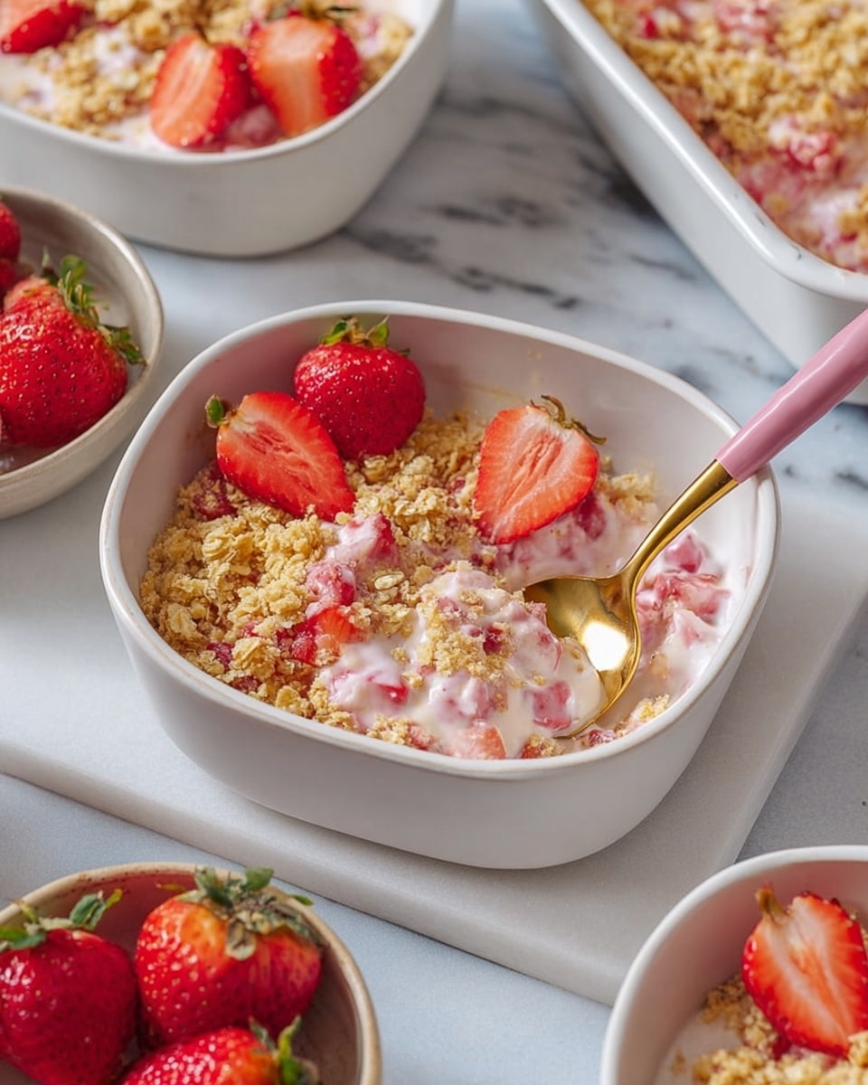 The image shows a square white baking dish filled with a top layer of golden brown baked oat crumble with pieces of red strawberries mixed inside. A gold spoon with a pink handle is scooping some of the crumble from the dish, revealing a slightly softer texture below the surface layer. Above the baking dish is a white round bowl filled with halved fresh strawberries. Several whole strawberries are scattered on the white marbled surface around the dish, along with a small light blue bowl containing raw oats. A light gray cloth is partially visible under the baking dish on the right side. The scene is bright and clean, with a textured oat and fruit topping contrasted by fresh strawberries. photo taken with an iphone --ar 4:5 --v 7