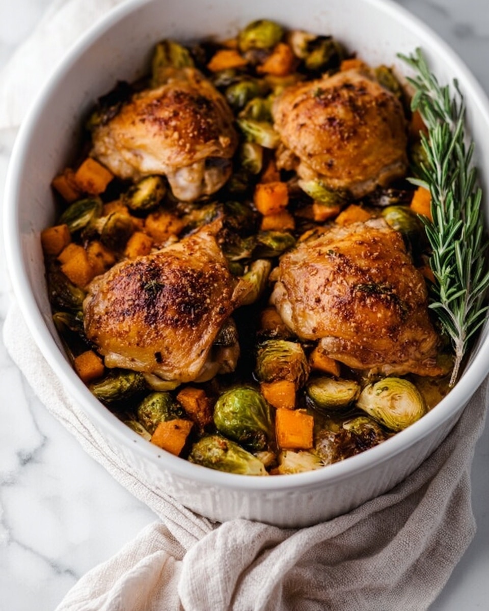 The image shows a white oval baking dish filled with four golden brown chicken thighs on top. Below the chicken thighs, there are Brussels sprouts and small cubes of orange sweet potatoes, all cooked together. A sprig of fresh rosemary is placed upright on the right side of the dish. The dish rests on a white marbled surface with a light-colored crumpled cloth nearby. The texture of the chicken skin looks crispy, and the vegetables have a roasted look. photo taken with an iphone --ar 4:5 --v 7