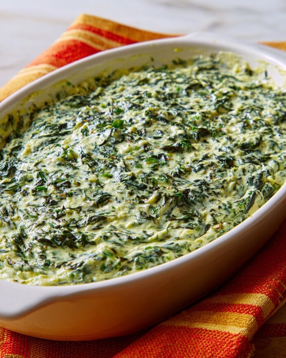 A close-up view of a white oval ceramic baking dish filled with a creamy spinach mixture that has a slightly lumpy texture, showing chopped green spinach leaves evenly mixed throughout the light creamy base. The dish sits on a folded orange and red checkered napkin, all placed on a white marbled surface. The surface of the spinach mixture looks smooth with some green flecks from the spinach evenly spread on top. photo taken with an iphone --ar 4:5 --v 7