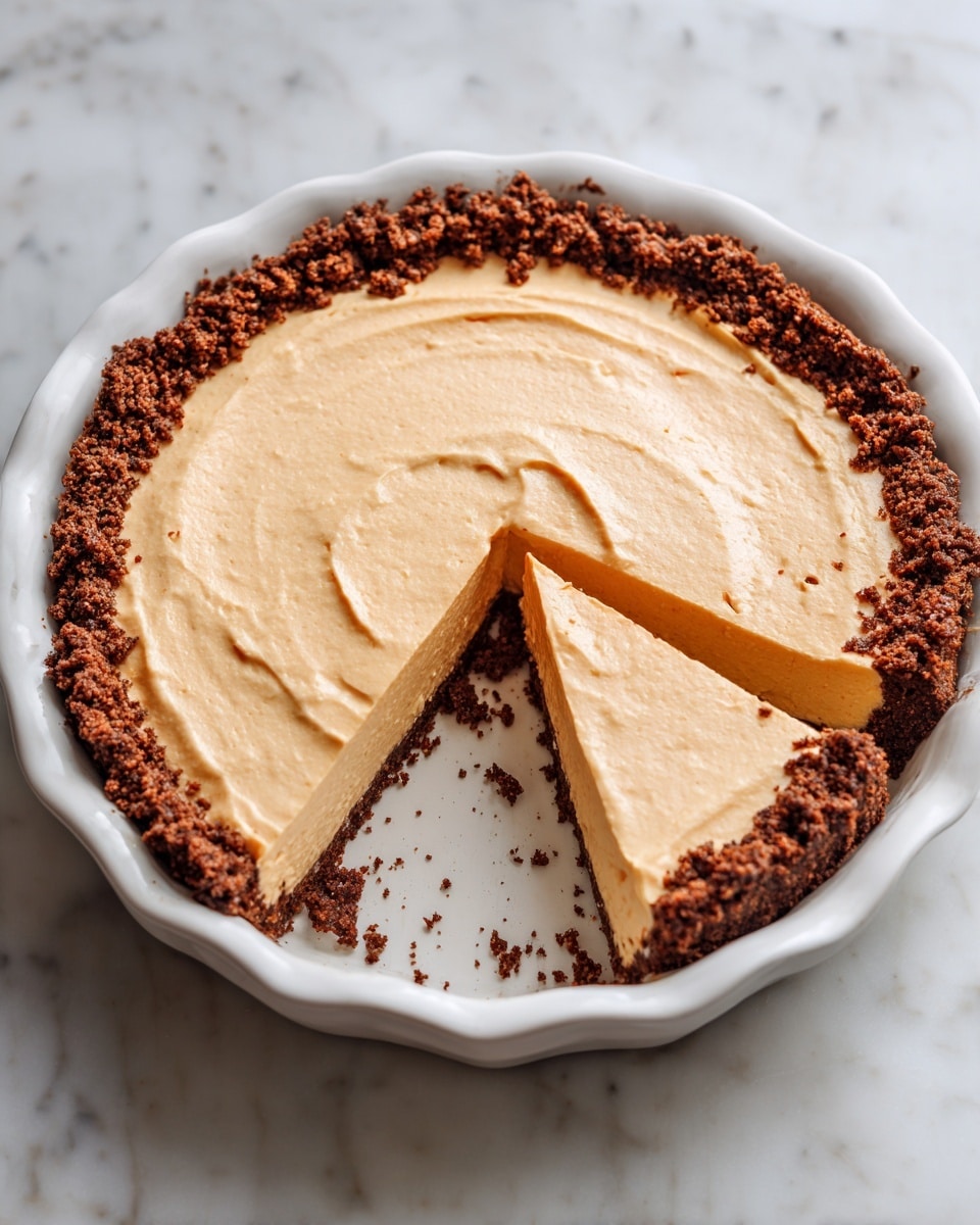 A close-up of a slice of pie being lifted by a woman's hand, showing two layers: a thick, smooth, light orange creamy filling on top and a dark brown crumbly crust at the bottom and edges. The pie slice has a clean, sharp edge and is held above a white plate with the rest of the pie visible below. The background is softly blurred, and the surface is white marble. Photo taken with an iphone --ar 4:5 --v 7