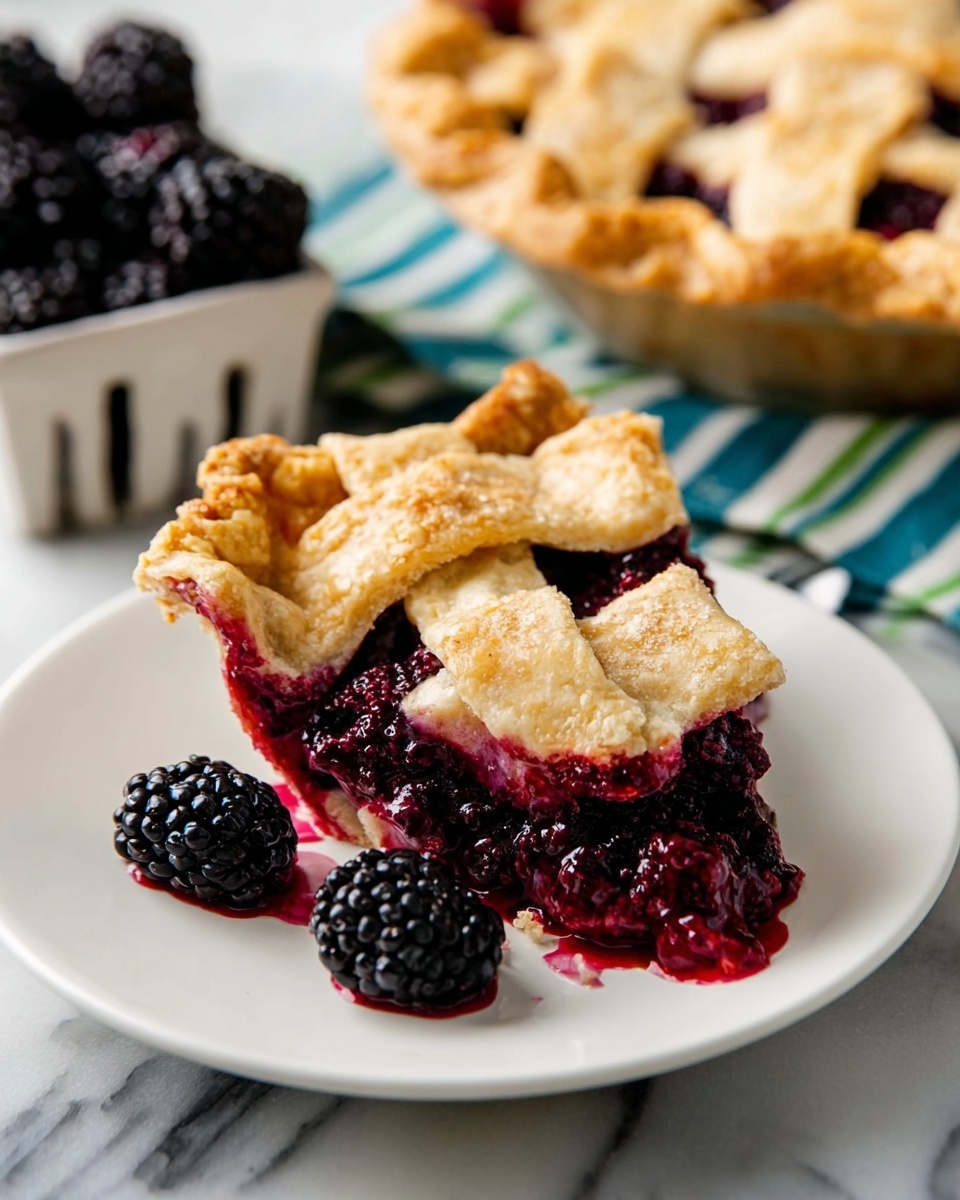 A slice of blackberry crumble pie sits on a white plate with blue flower patterns, showing three layers: a golden-brown crust at the bottom, a thick middle layer of dark purple blackberry filling with juice spreading slightly on the plate, and a light golden crumbly topping. A scoop of vanilla ice cream, creamy white with small black vanilla specks, rests on top, starting to melt. Fresh blackberries surround the plate, and a silver fork lies nearby. In the background, the rest of the pie with the same crumbly top is visible along with a white square container full of blackberries, all set on a white marbled surface. Photo taken with an iphone --ar 4:5 --v 7
