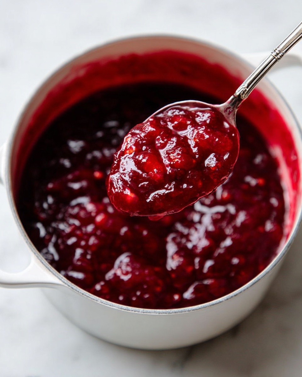A white pot filled with thick, chunky deep red cranberry sauce, showing visible soft fruit pieces. A silver spoon lifts some sauce above the pot, catching the light to reveal the sticky, glossy texture with small bits of fruit throughout. The pot rests on a white marbled surface, and the image focuses tightly on the rich red sauce and shiny spoon. Photo taken with an iphone --ar 4:5 --v 7