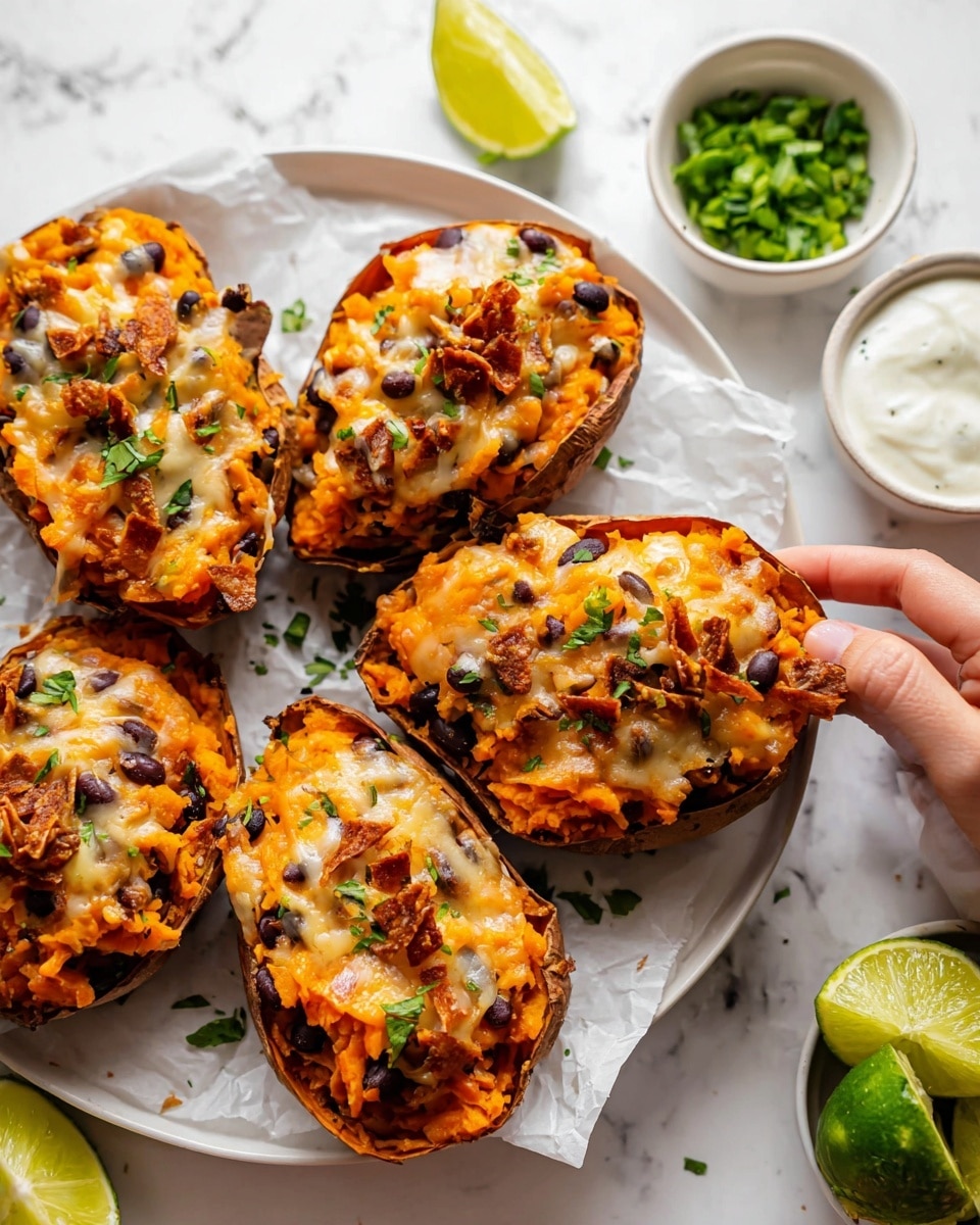 The image shows four stuffed sweet potato halves placed on white plate lined with white paper. Each sweet potato half has a base layer of bright orange mashed sweet potato mixed with black beans and small green herbs. On top, there is a layer of melted light yellow cheese sprinkled with small pieces of crispy brown toppings and chopped green herbs. Around the plate, there are lime wedges and two small white bowls, one filled with chopped green herbs and the other with white sauce. The plate is set on a white marbled surface, and a woman's hand lightly touches one of the sweet potato halves. photo taken with an iphone --ar 4:5 --v 7