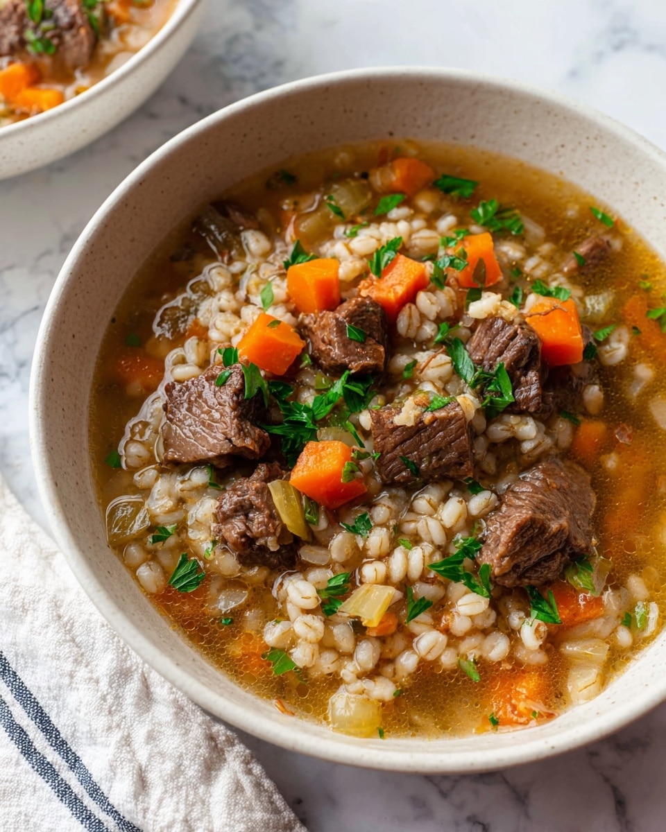 A white bowl filled with a layered beef vegetable soup, where the bottom layer is a light brown broth with visible oil sheen, topped with medium-sized chunks of dark brown beef pieces. Scattered throughout are small orange carrot cubes and translucent celery pieces, along with soft, plump barley grains mixed evenly. Fresh chopped green parsley is sprinkled on top, adding a pop of color. The bowl is placed on a white marbled surface with a corner of a white cloth with blue stripes visible beside it. Photo taken with an iphone --ar 4:5 --v 7