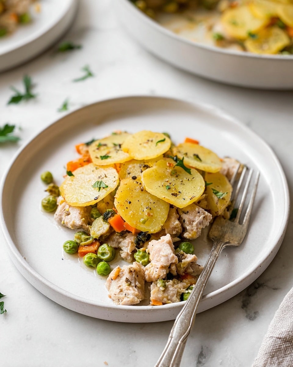 The dish is served on a white plate on a white marbled surface, showing one main layer of diced light brown cooked meat mixed with small green peas, small orange carrot pieces, and light yellow thin round slices of potatoes on top. The potatoes have a soft texture and are sprinkled with small bits of chopped green herbs and black pepper. A silver fork is placed on the right side of the plate, with some pieces of diced meat resting on the fork’s tines. In the background, part of another white plate with something similar can be seen. Photo taken with an iphone --ar 4:5 --v 7