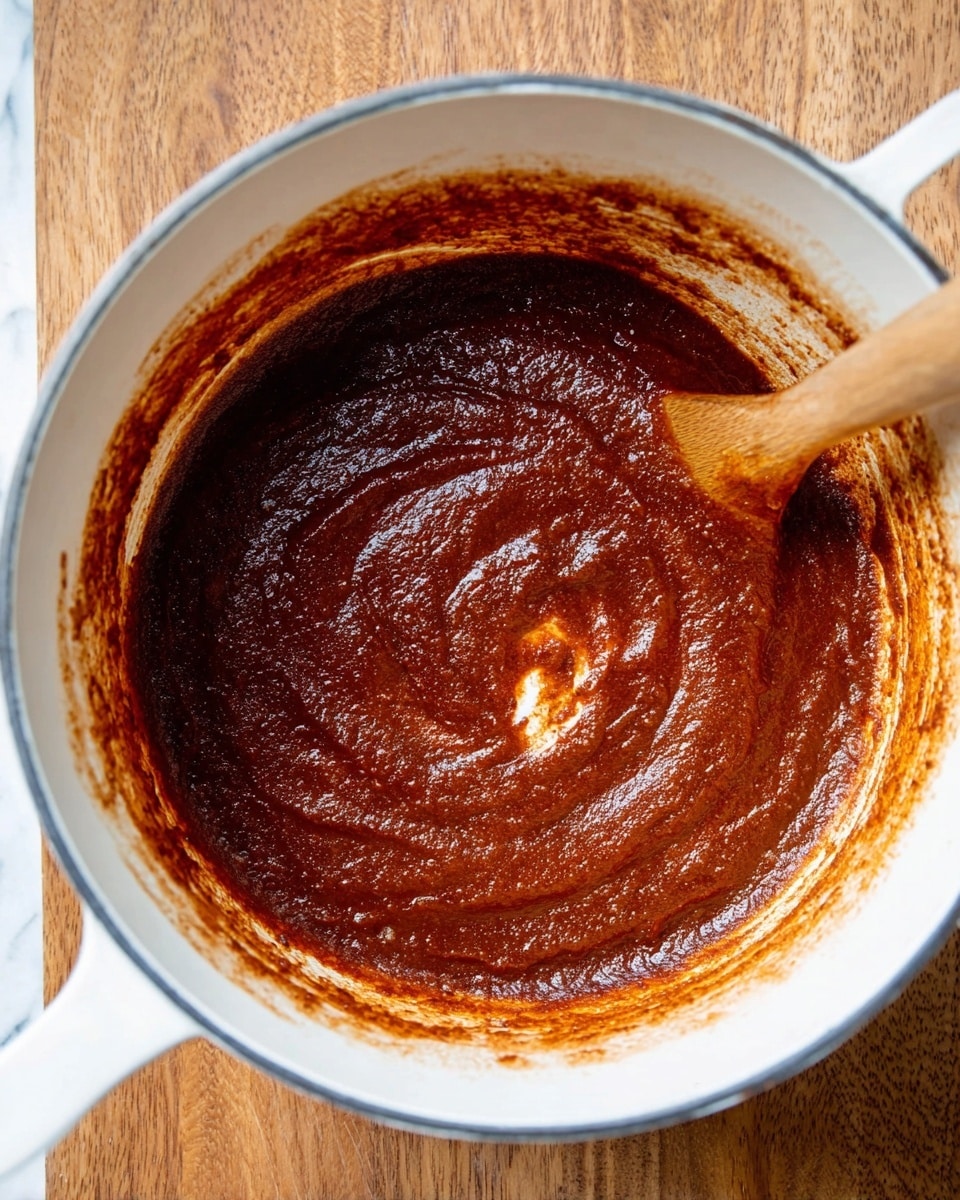 The image shows a close-up of a white pot containing a thick, dark reddish-brown sauce. The sauce has a smooth, slightly coarse texture and is spread evenly inside the pot with visible swirls showing it was stirred. The inner sides of the pot have streaks of the sauce clinging to them, and the pot is set on a wooden surface now replaced with a white marbled texture. photo taken with an iphone --ar 4:5 --v 7